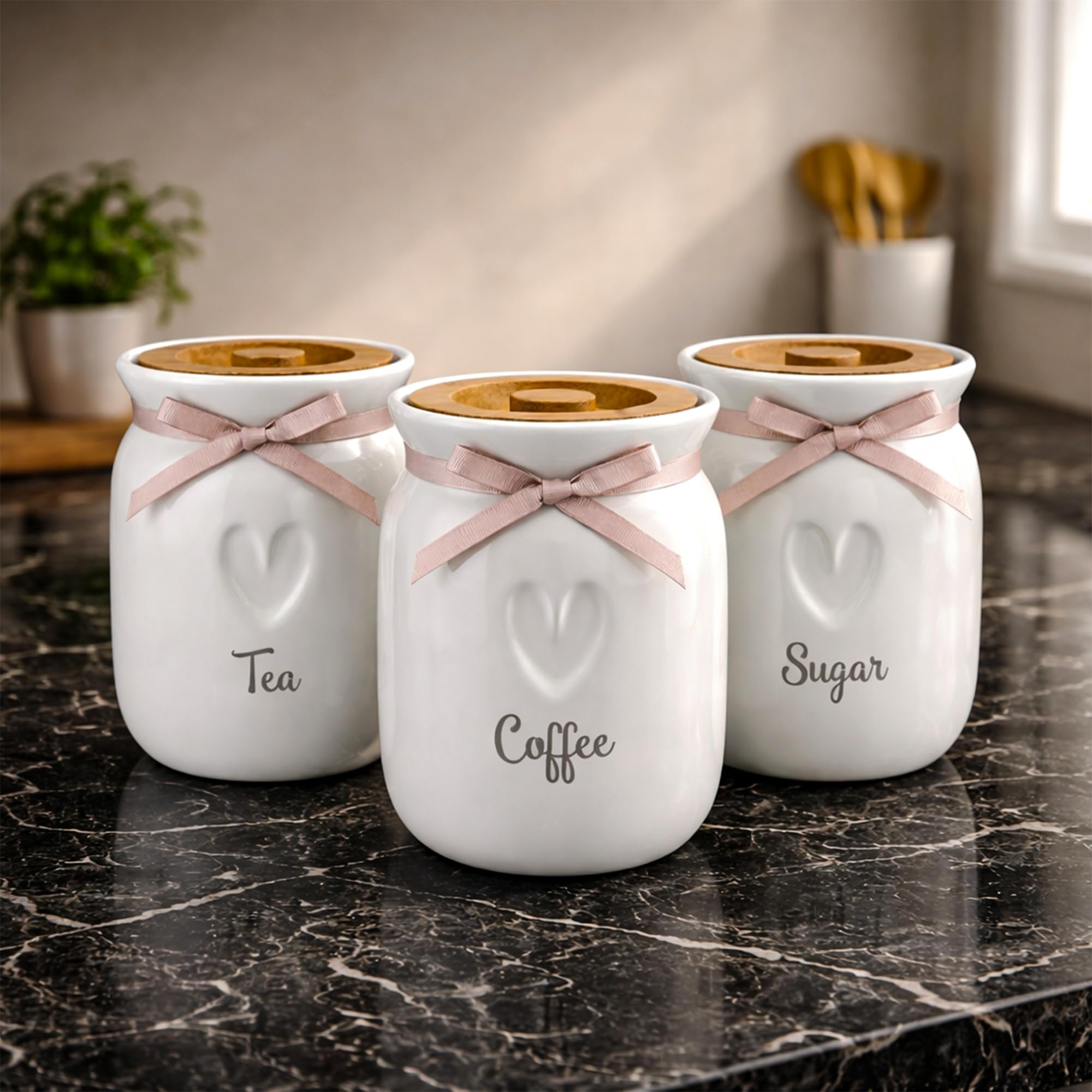Bmlimited White Bml 3 X Tea Coffee Sugar Ceramic Canisters Jars Engrave Heart Kitchen Storage With Wooden Lid And Ribbon Kitchen Storage