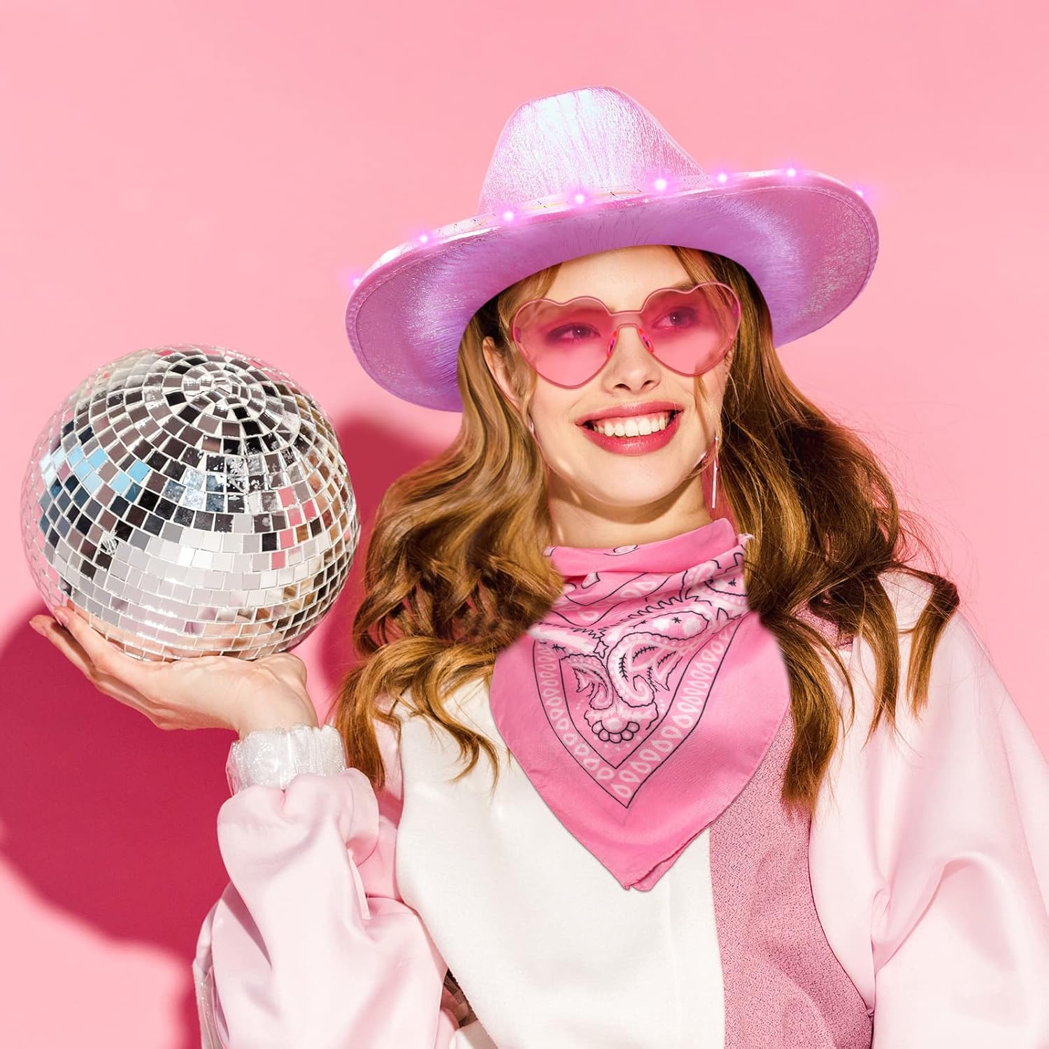 JaGely 24 Pieces Pink Cowgirl Hat Light Up LED Cowboy Hat with Heart Sunglasses and Bandanna Set for Halloween Costume Cosplay - Image 3