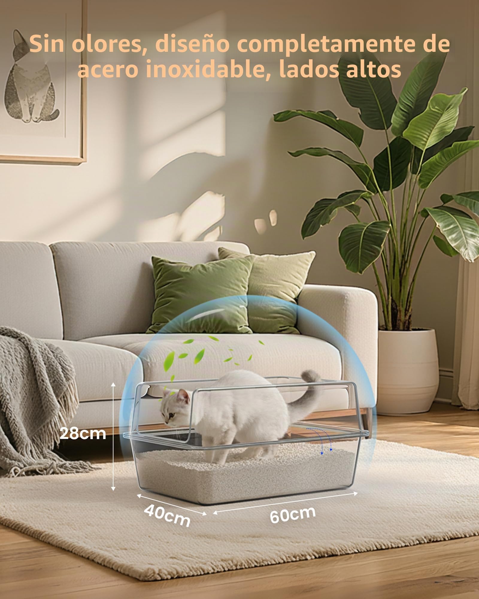 Arenero Gato Acero Inoxidable, Caja de Areneros para Gatos Grandes XXL, Arenero Todo Metálico para Gatos, WC Gatos con Bordes Altos Desmontables, Antiadherente, Sin Olores y Fácil de Limpiar