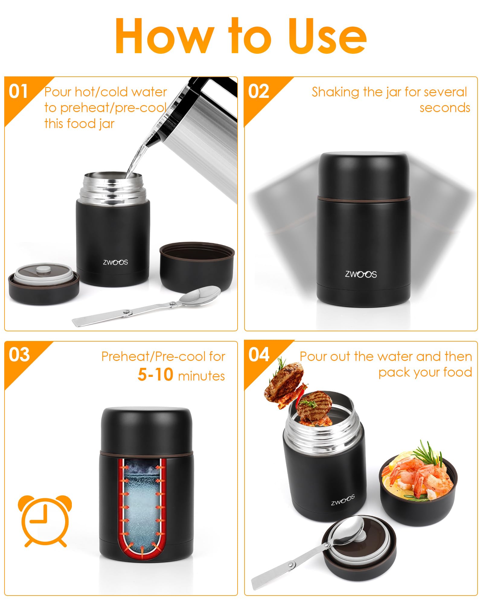 ZWOOS 800ml Thermos Alimenti Caldi, Acciaio Inossidabile 316 Contenitore Termico per Alimenti, Lunch Box Termico con Sacchetto Isolante e Cucchiaio Pieghevole, per Zuppa, Porridge, Riso