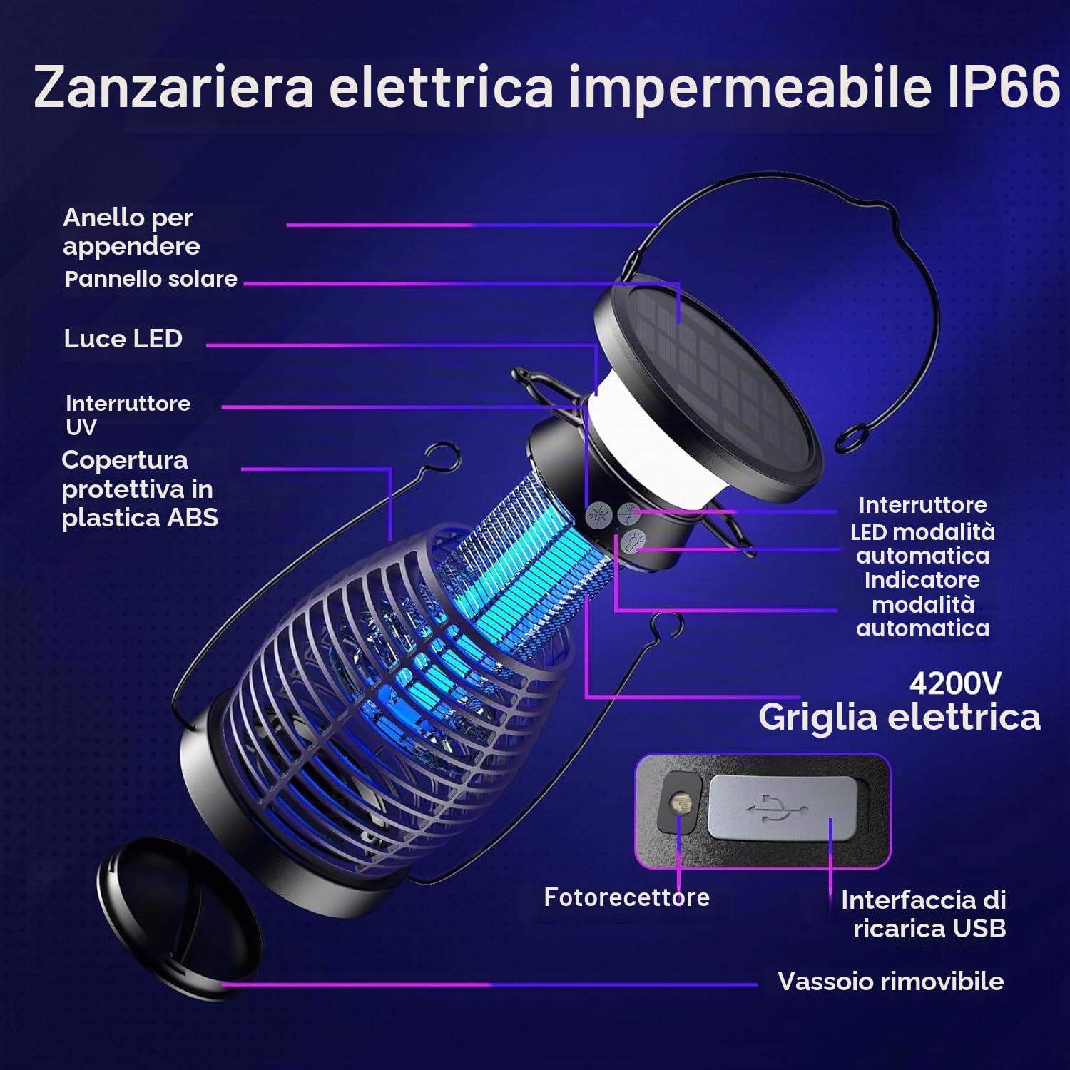Lampada Antizanzare Elettrica Solare, 4200V UV Zanzariera, Ricarica Solare e USB, IP66, Ammazza Zanzare Elettrico per Interni, Cortile, Patio, Giardino, Campeggio (Viola)