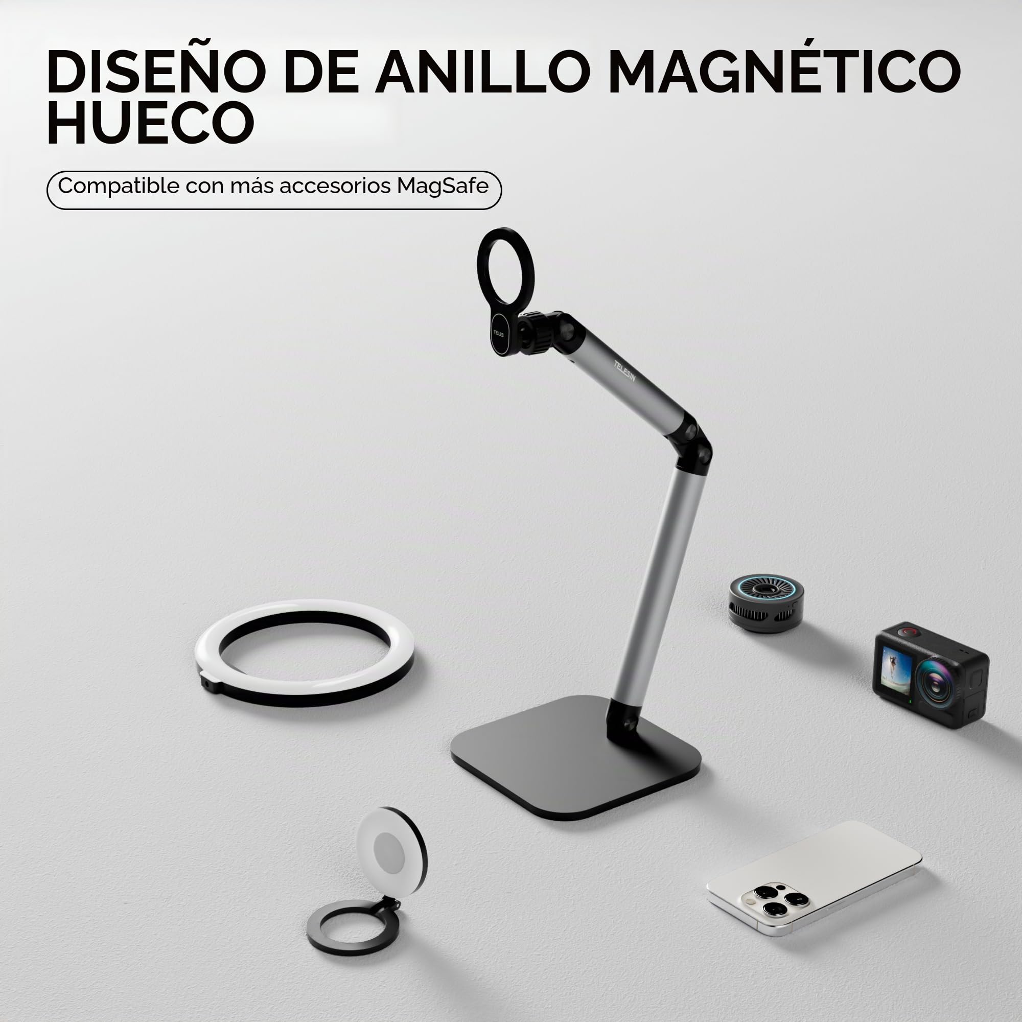 TELESIN Soporte Magnético de Sobremesa para Teléfono y Tablet, Ajustable | Compatible con MagSafe, Multiángulo para Magsafe/iPhone/Android/iPad