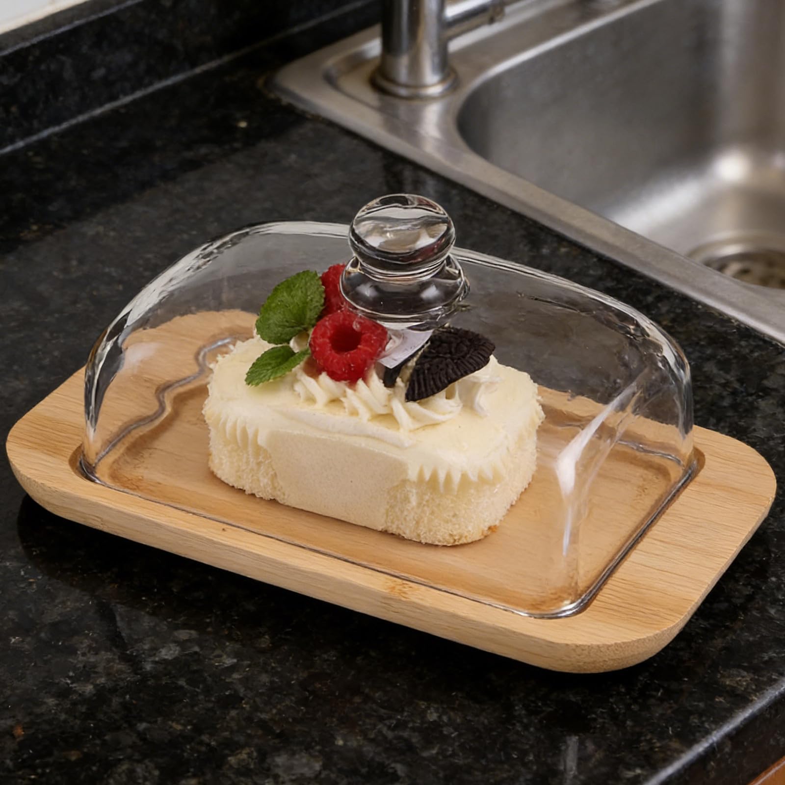 Abaodam Beurrier Couvert en Verre avec Couvercle en Bois 21x12 Cm