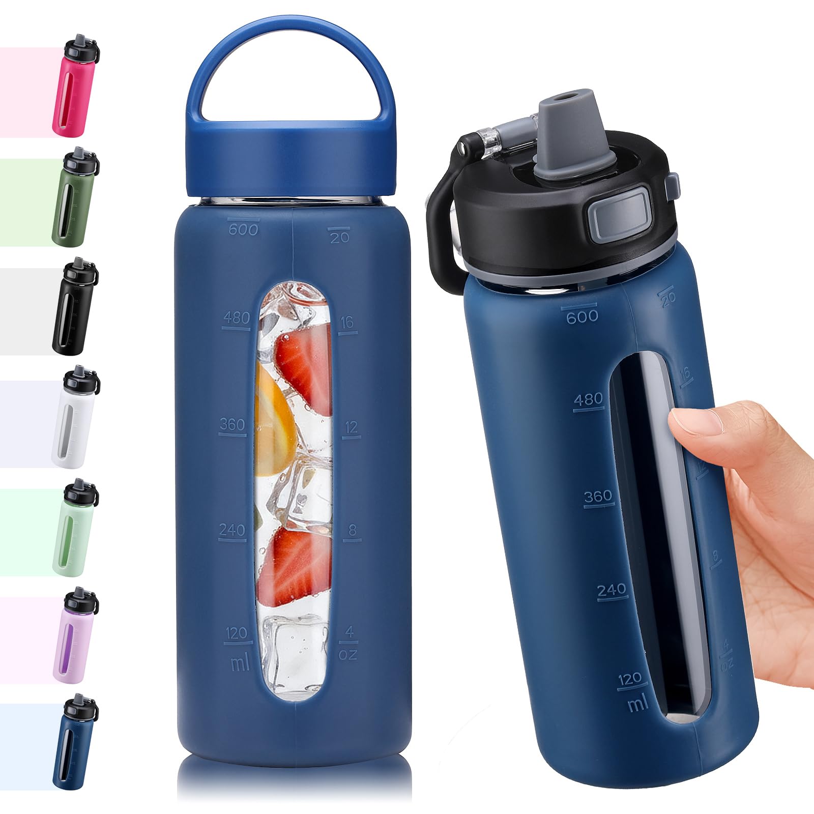 BLUEGO 600ml Glas Wasserflasche mit 2 Deckeln- One-Touch Verschlussdeckel und Griffdeckel Wiederverwendbare Trinkflasche mit Zeitskala für Reisen Zuhause Fitnessstudio Sport BPA-frei, Dunkelblau