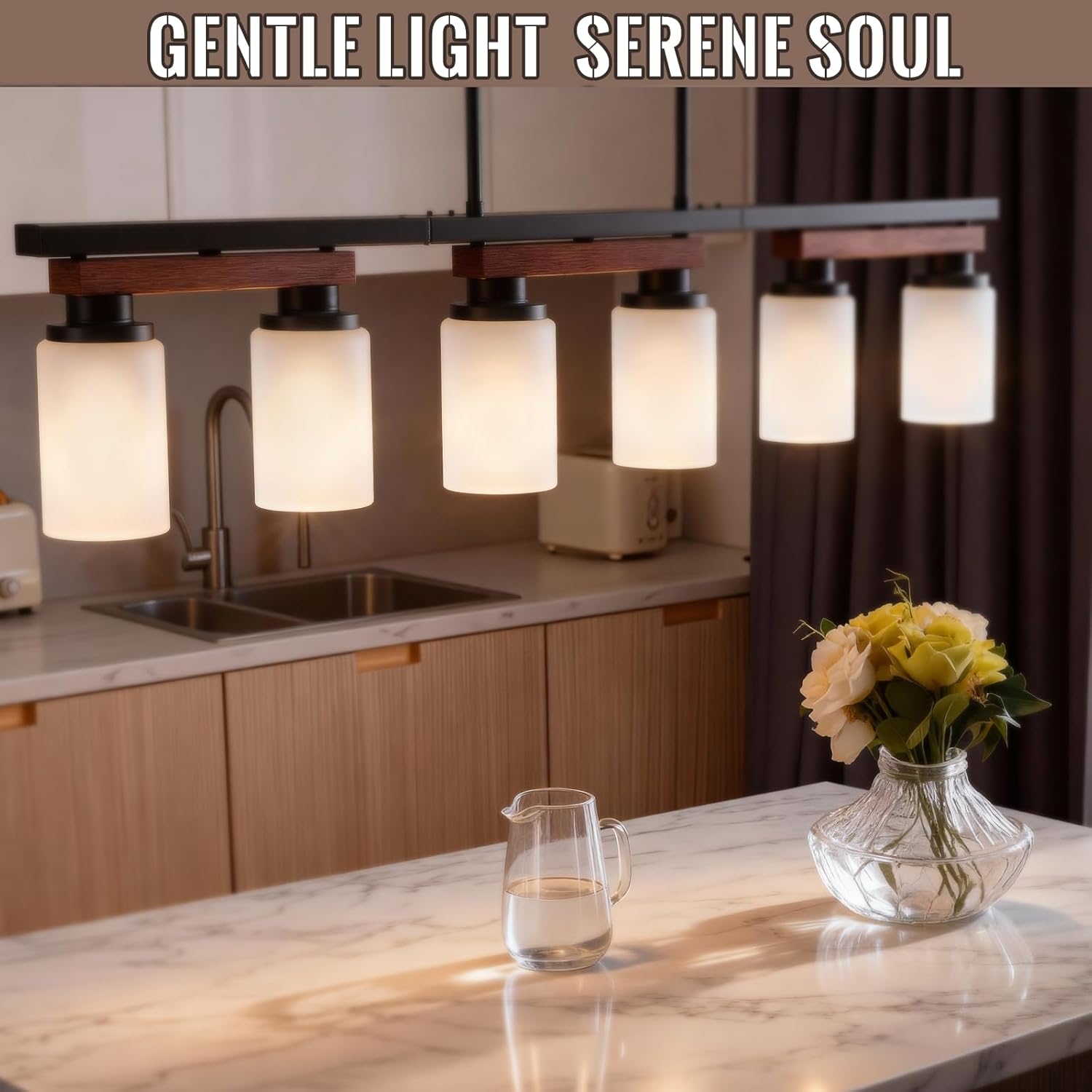 6-Light Kitchen Island Lighting & Farmhouse Dining Room Light Fixtures Over Table, Rustic Wood Linear Chandelier Adjustable Ceiling Hanging Pendant - Rotating Design, Customizable Shapes, Milk Glass