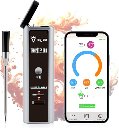 BBQ-Toro TempTender Grillthermometer kabellos mit App | Bluetooth Fleischthermometer digital IP67 bis 300°C | Bratenthermometer, Grill Meat Thermometer Wireless,…