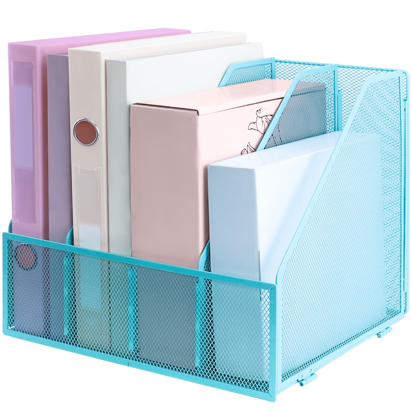 ideallife Desk Organizers, Metal Magazine File Holder with 4 Vertical Compartments Rack Binder File Organizer for Office Supplies, Home Workspace - Blue