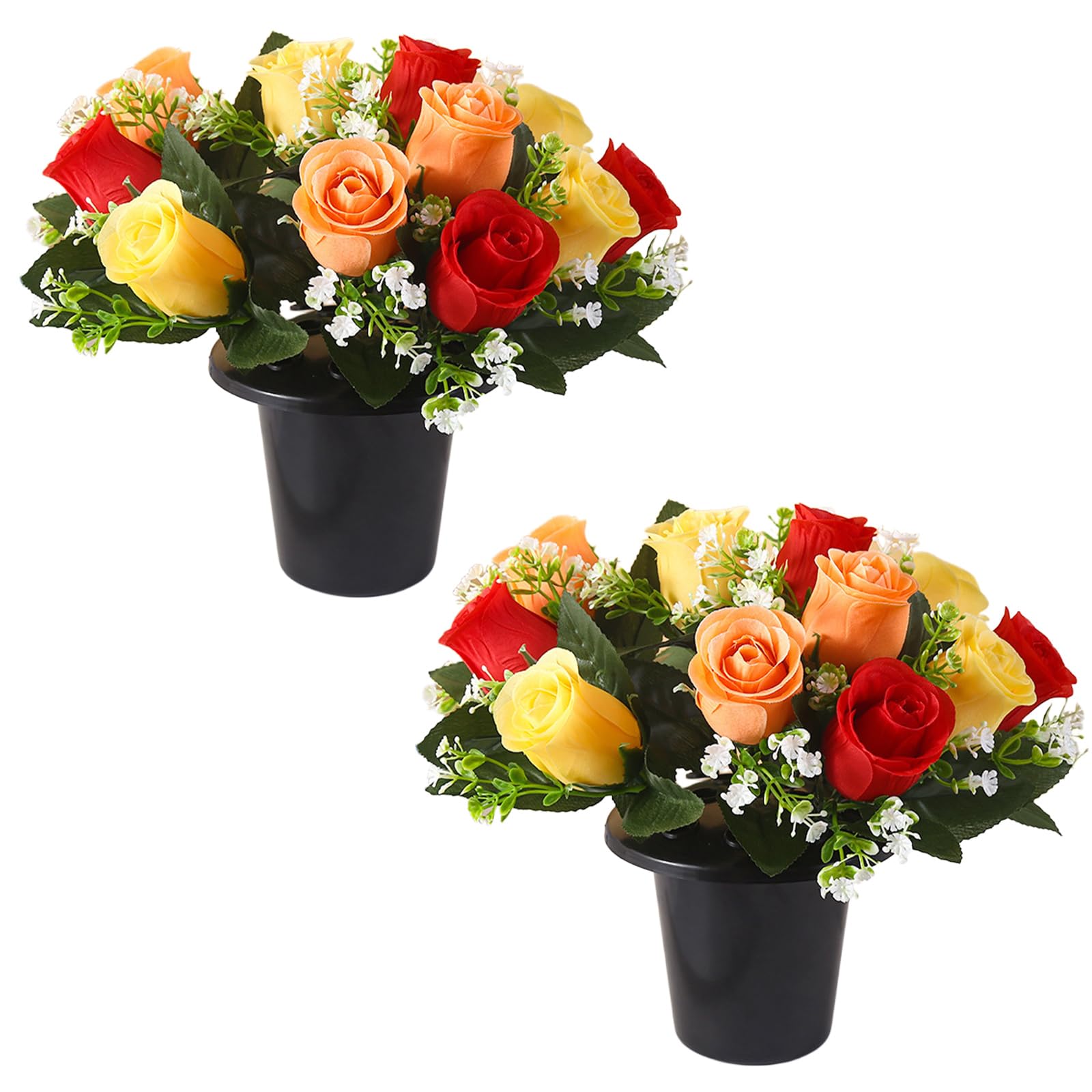 FYKZQWDS 2 Pcs Artificial Flowers For Graves,Grave Flower Pots,Grave Flower, Including Red, Orange and Yellow Flowers, Commemorative and Tribute Cemetery Decoration, Outdoor Decoration