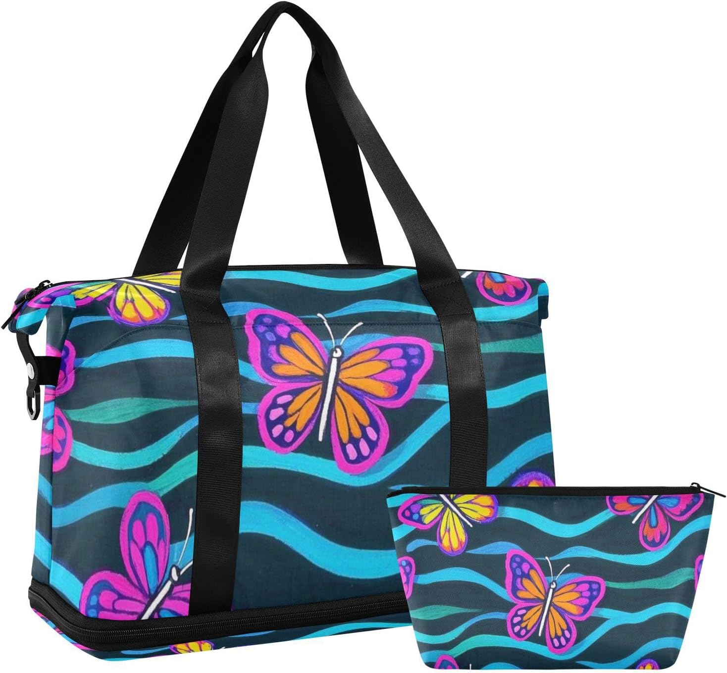 Fluorescent Butterflies Wave Pattern Large Bag Sports Gym Tote Bag with Adjustable Strap for Hiking Waterproof