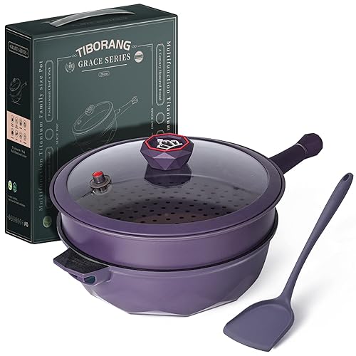 TIBORANG 8 in 1 Multipurpose 11 Inch 5 Qt Frying Pans Nonstick with Lid,Steamed Grid,PFOA-Free,Dishwasher&Oven Safe,Works with All Stovetops (Purple) - Purple