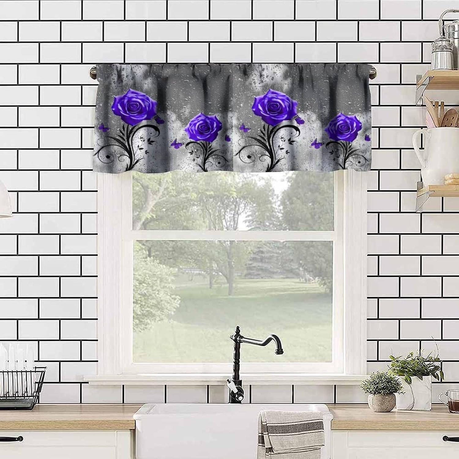 Purple Rose Valance Curtain Retro Gray Raindrops Misty Glass Abstract Art Butterfly Plant Flower Valances Window Treatment for Kitchen Girls Bedroom Living Room 54x18In