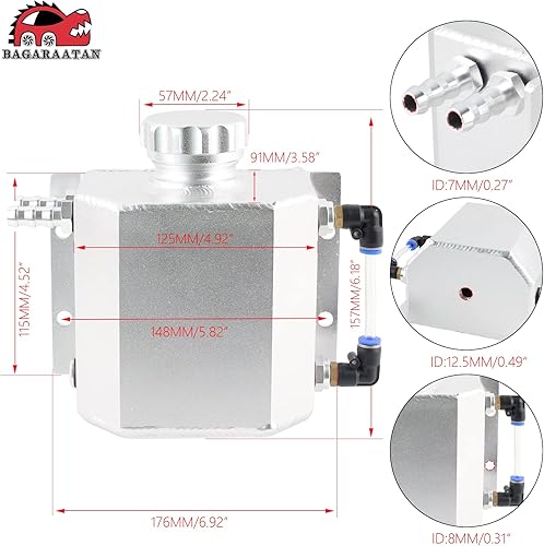 Miniatura 2 de Tanque de Radiador de Refrigerante Universal de 1L - Tanque de Desbordamiento y Expansión, Depósito de Recuperación de Agua (Plateado)