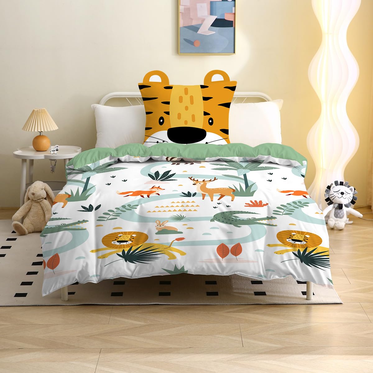 MUSOLEI Biancheria da letto 135 x 200 cm, in microfibra 3D, per bambini, copripiumino con 1 federa 80 x 80 cm, regalo per cameretta dei bambini, letto singolo, leone con orecchie