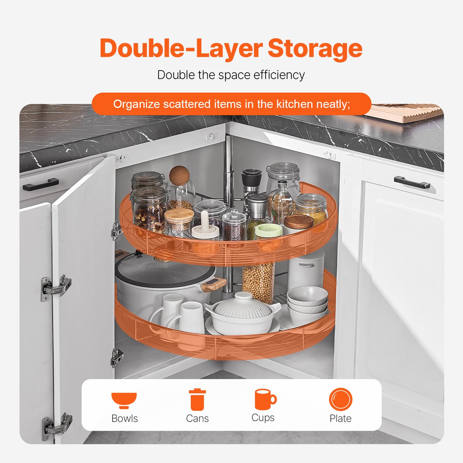 VEVOR Plateau Tournant pour Meuble d'Angle 71 cm 2 Niveaux, Tourniquet de Cuisine Rotatif à 360°, Étagère Pivotante pour Placard d’Angle Réglable en Hauteur, en Acier au Carbone, Rangement Cuisine
