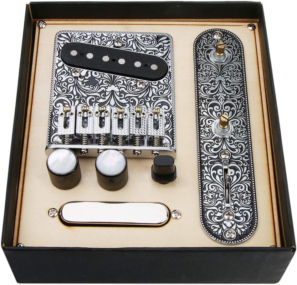 Alnicov 6 Strings Saddle Bridge Plate, 3 Way Switch Control Plate, Neck Pickup Set for Fender Telecaster Electric Guitars Replacement Parts (Black)