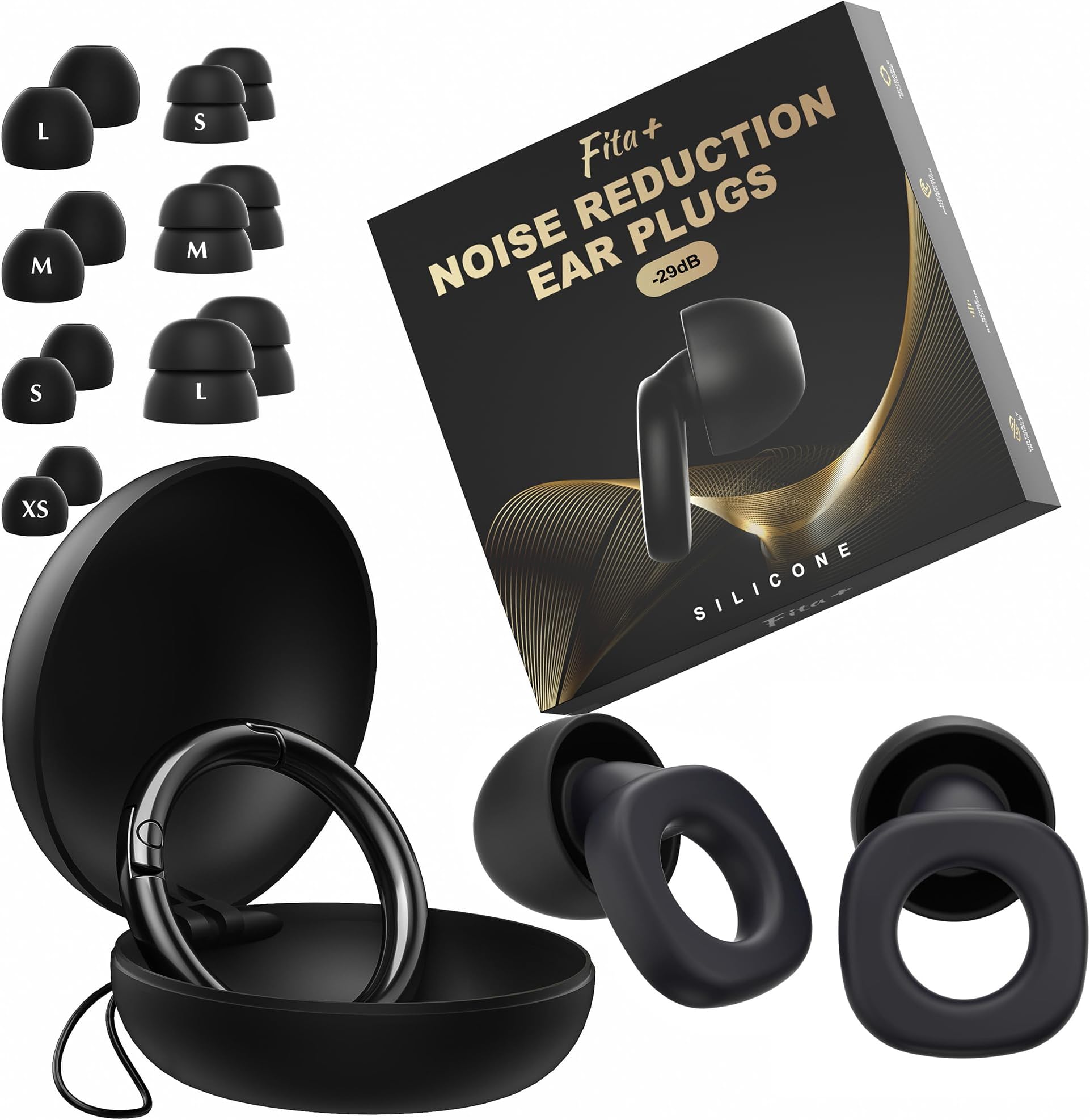 Fita + Ear Plugs for Sleeping Noise Cancelling - NRR 33 dB, Super Soft Reusable Silicone Earplugs for Noise Reduction, Concerts, Motorcycle, Travel (Black)