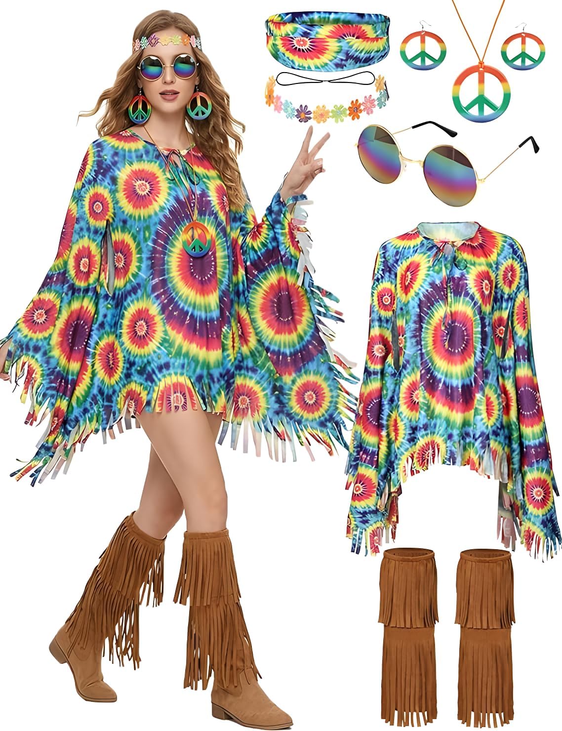 Drofe 70s Hippie Costume Accessories Set,Tie Dye Poncho Flower Crowns Headbands Sunglasses Peace Sign Necklace Earrings