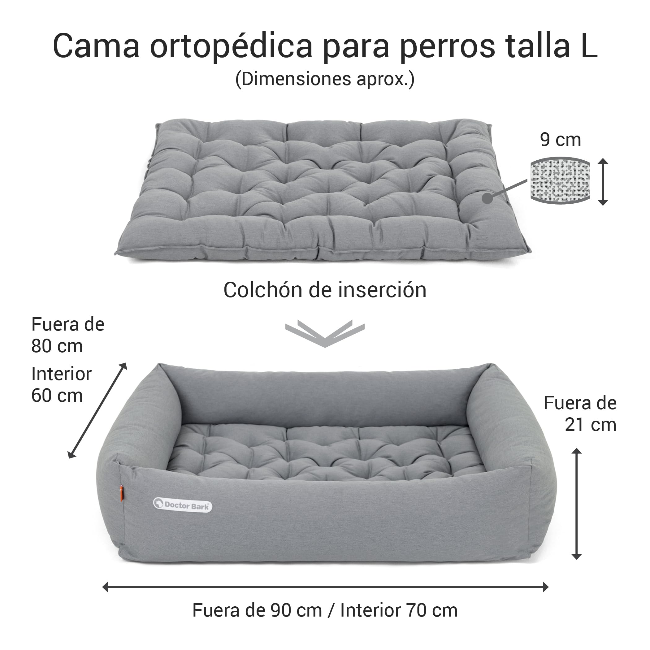 Doctor Bark Cama ortopédica para perros, lavable hasta 95 °C, sin olor e higiénica, acogedora decoración para perros grandes (90 x 80 cm, gris claro)