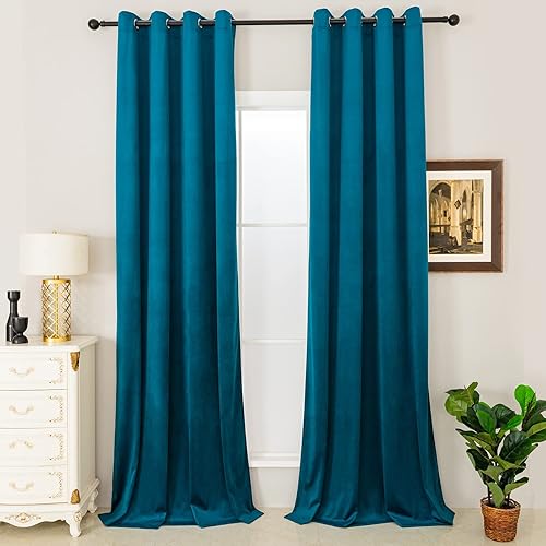 Super Soft Thick Teal Velvet Curtains 84 inches Blackout Classic Curtain Privacy Protect, Grommet Thermal Insulated Window Drapery for Bedroom Dining Room, Teal Green, W52 x L84, 2 Panels