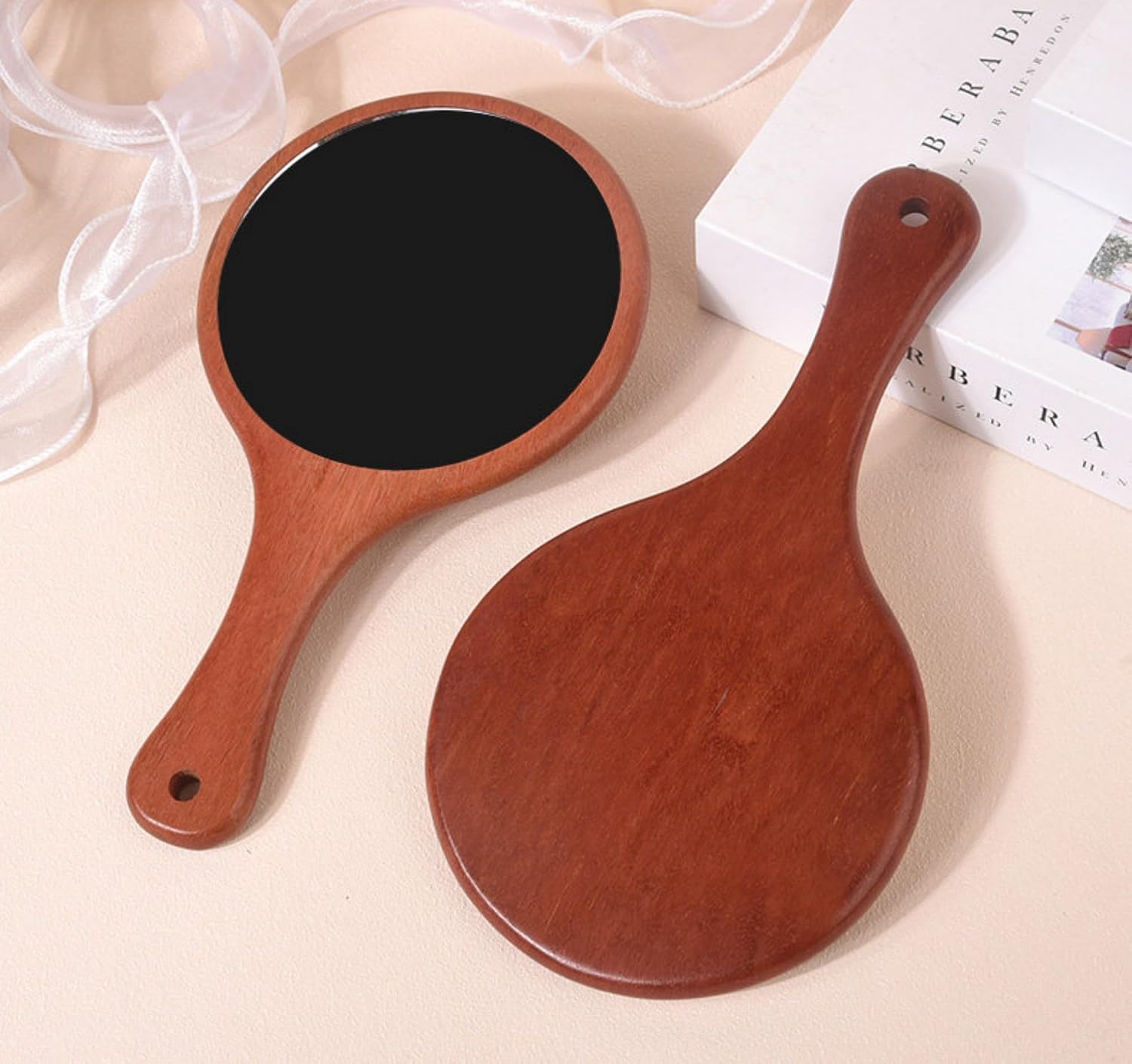 Solid Red Sandwood Handheld Mirror with Handle, HD Crystal Clear Wood Hand Mirror for Makeup, Professional Barber Hair Styling Vintage Cosmetic Mirror, Gift for Women and Salons (9.1"L x 5.1"W)