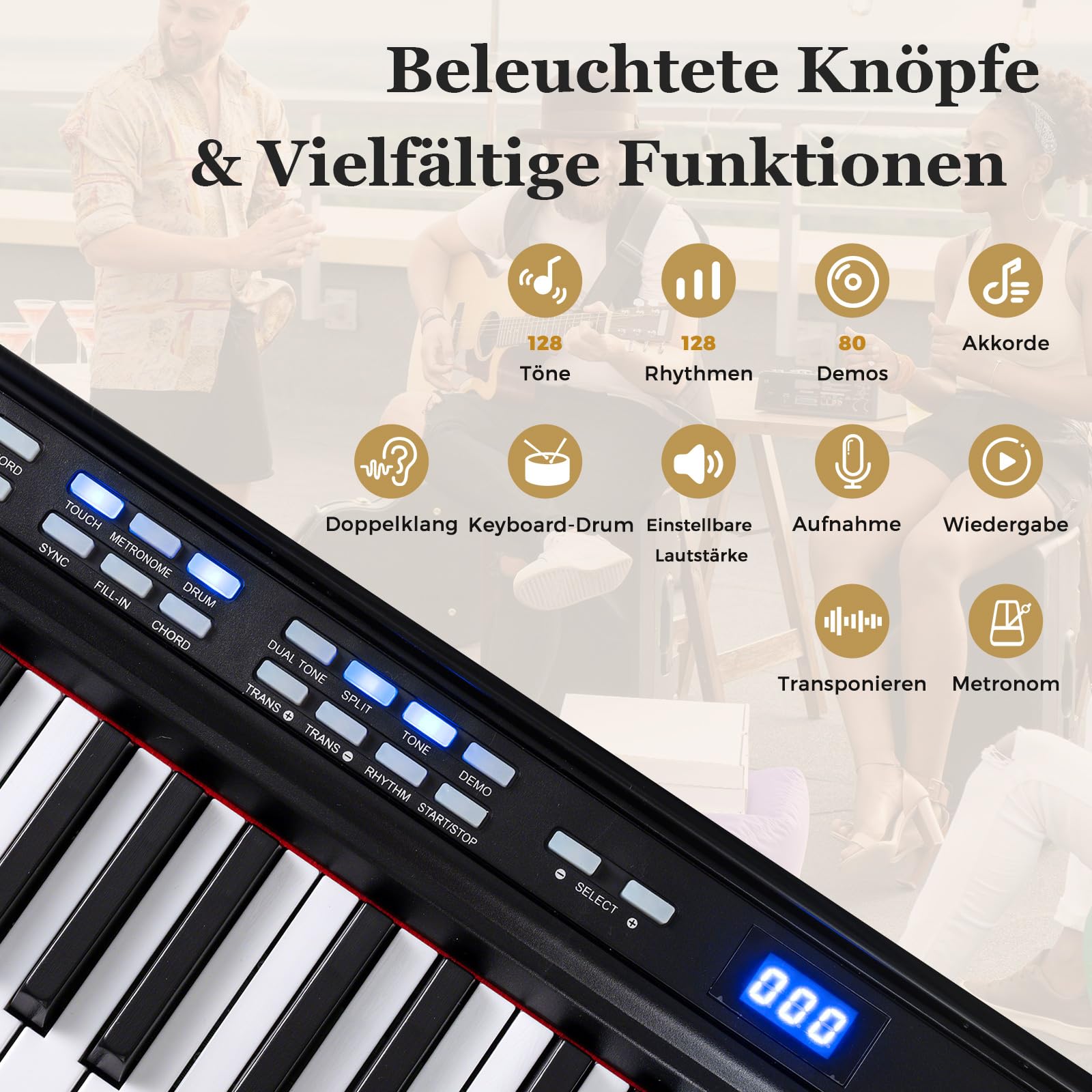 COSYWAY Keyboard Piano 88 Tasten mit Ständer & Hocker, Digitalpiano mit Kopfhörer, & Tragetasche & Sustain-Pedal, E Piano mit 128 Rhythmen, 128 Tönen & 80 Demos, für Anfänger (Schwarz)