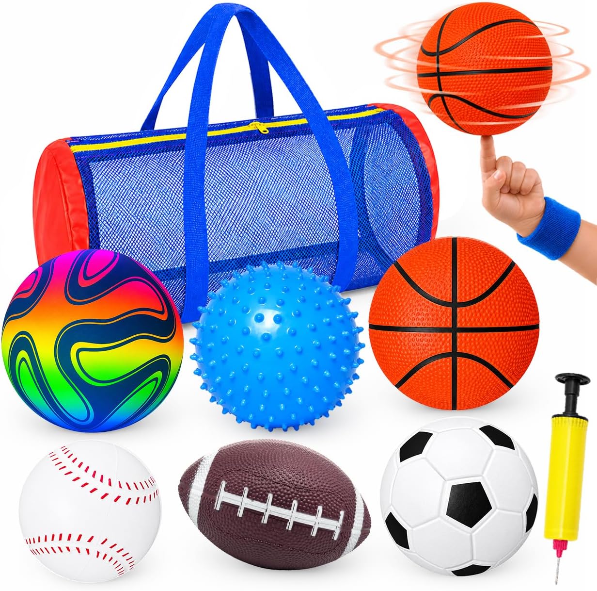 Sports Balls for Toddlers 1-3, 6 Pack Toddler Ball Set with Bag & Pump, Soccer Ball Basketball Football Baseball Rainbow Ball & Sensory Ball, Toddler Outdoor Toys for 1 2 3 Year Old Boys Birthday Gift