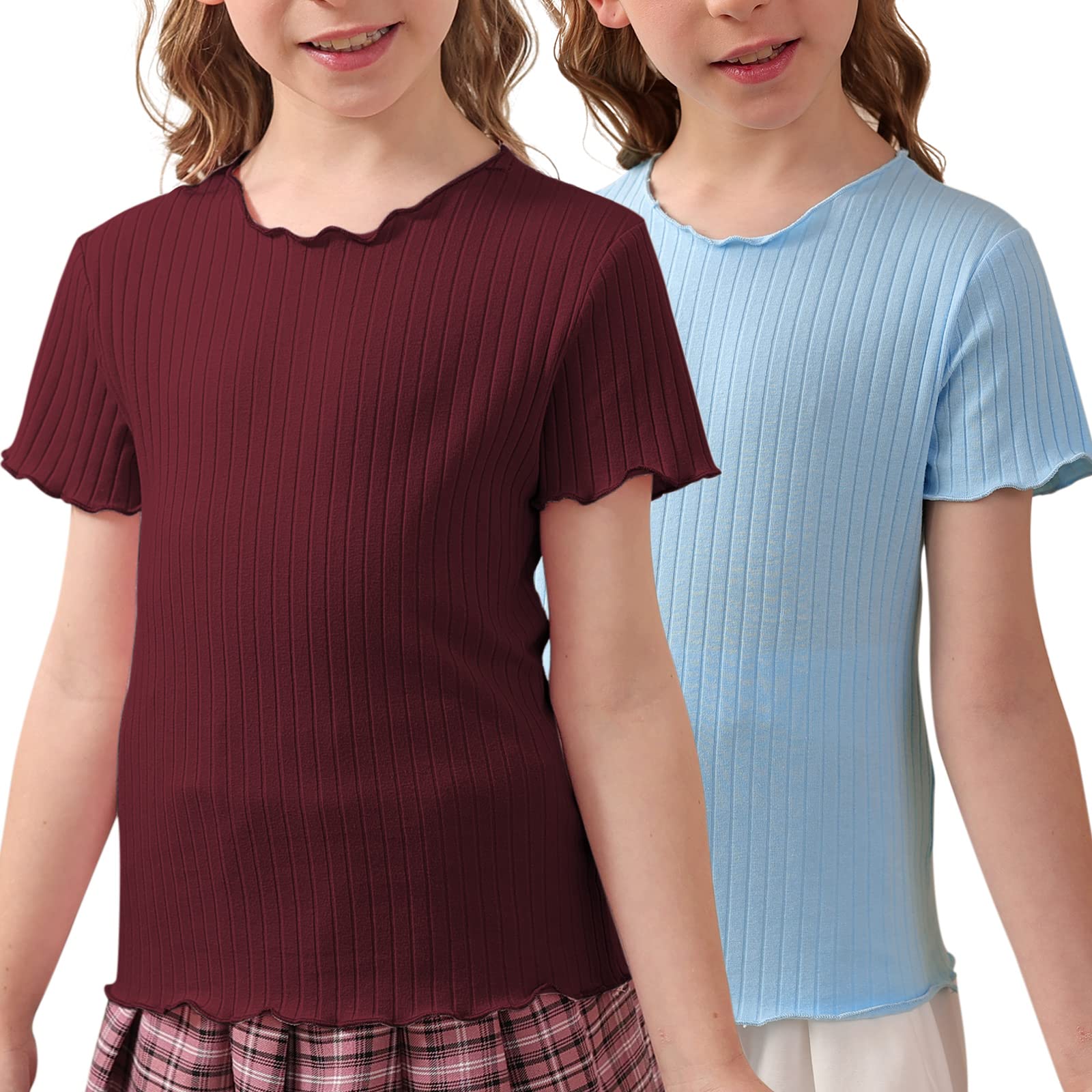GORLYA 2 Pack Girls Lettuce Trim Basic Solid Tee Shirts Ribbed Knit Casual Blouse Tops for 4-14T