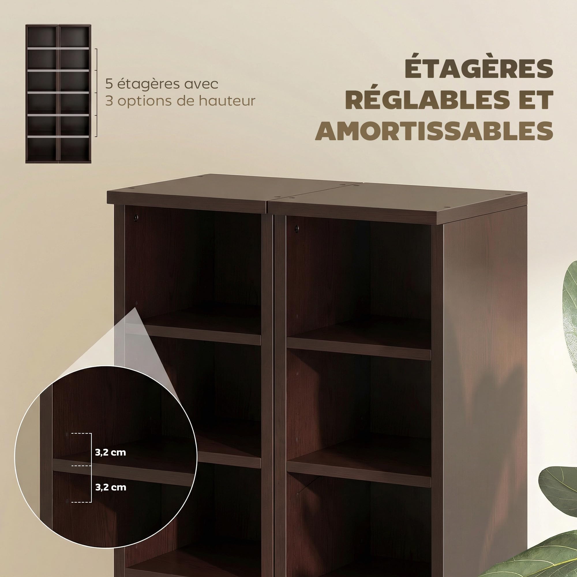 HOMCOM Set di 2 ripiani a colonna armadio CD-DVD 6 + 6 scomparti 21 x 22,5 x 88,5 cm capacità max. 204 CD Marrone