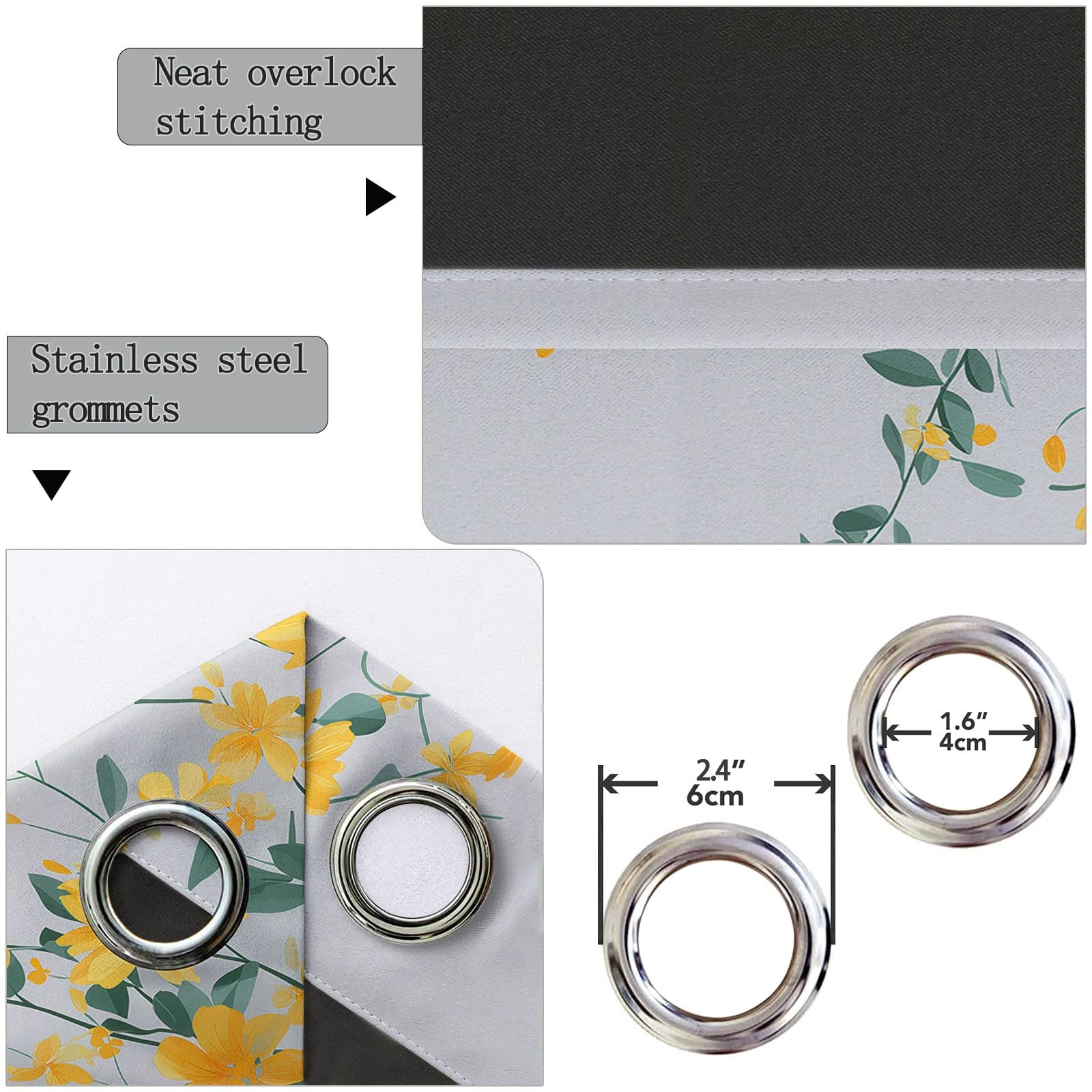 Gris Et Blanc Rideau 70 x 240 cm 2Pcs, Aquarelle Fleurs Plantes Feuilles Imprimé Rideaux Adult Enfant, Naturel Scandinave Occultation Douce Intérieurs à Oeillets Rideau Chambre Salon Coucher Dressing