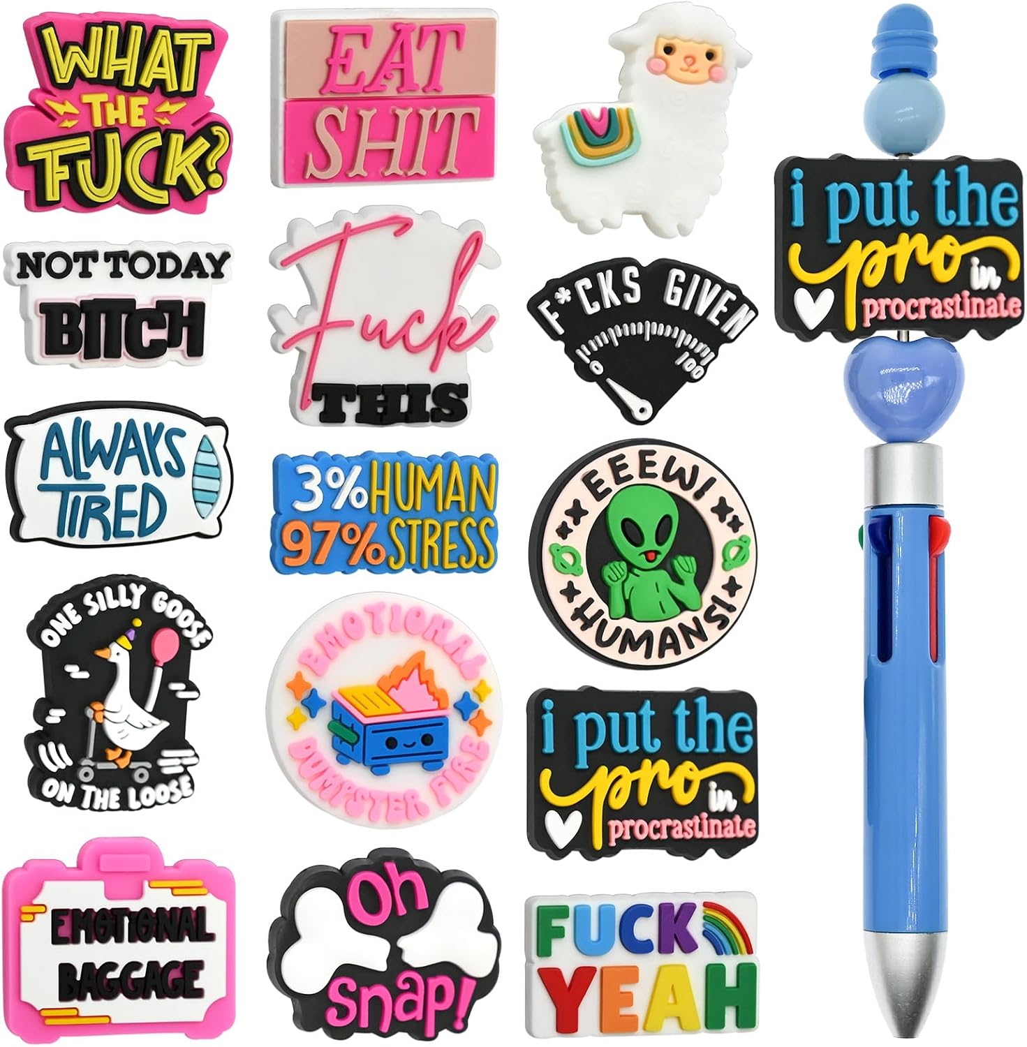 15PCS Sarcastic Focal Beads for pens, Silicone Focal Beads Bulk for Beadable Pen Keychain Bracelet Lanyard Making Kit