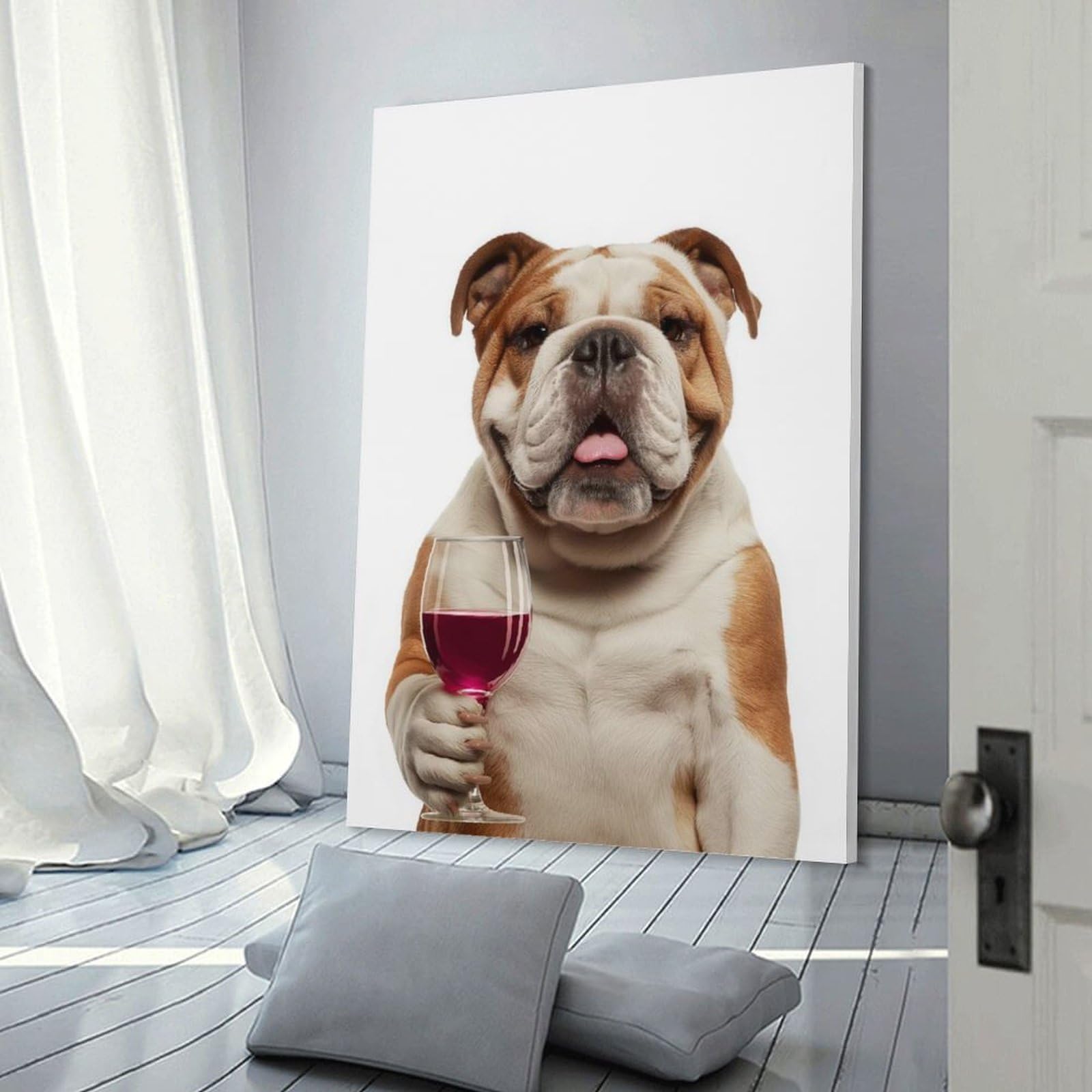 Junmoney Frame-Bulldog With Wine Glass Canvas Wall Art Bulldog With Wine Glass, 16X24inch(40X60cm), For Living Room, Bedroom, Office Or Hallway, Decorative Artwork With Broad Appeal