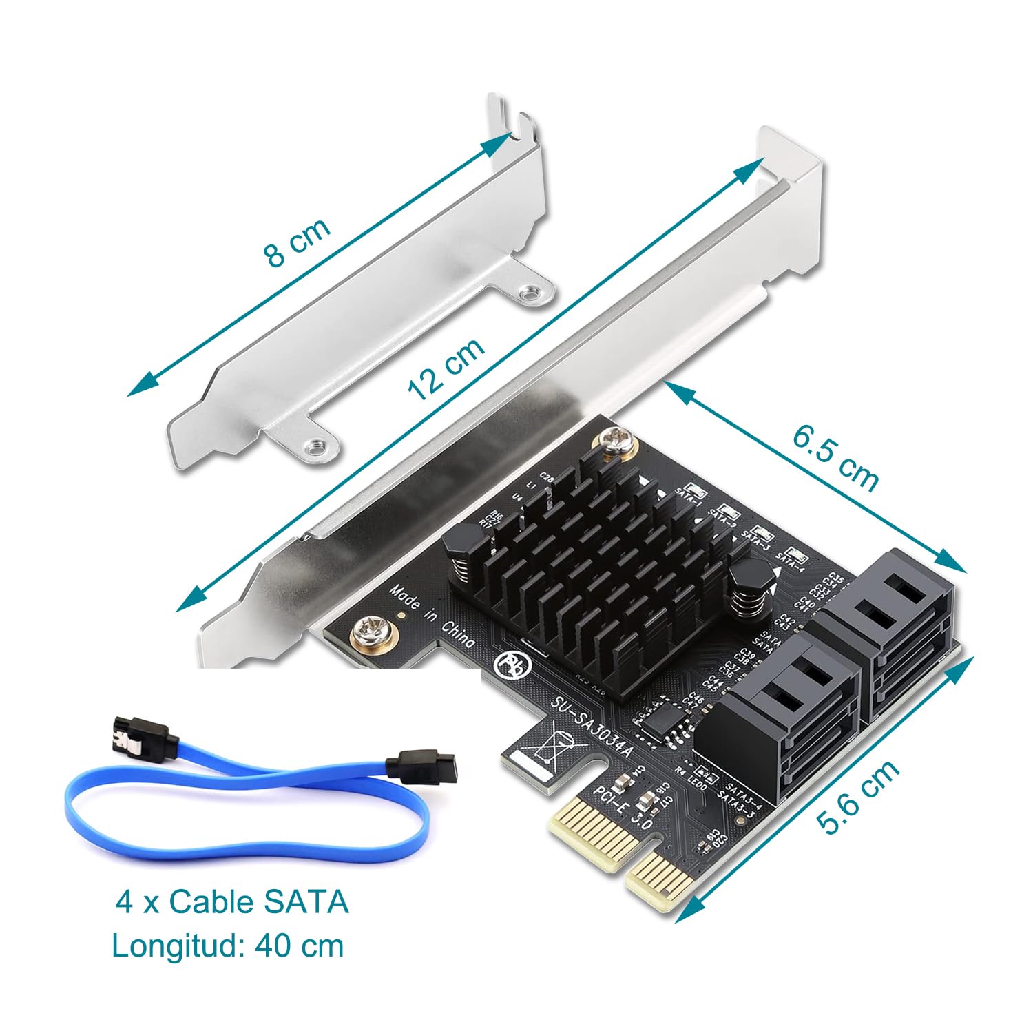 Tarjeta SATA de 4 puertos PCIe 3.0, sin conexión, Bootable - Plug & Play - Añade 4 unidades SATA III de 6 Gbps a tu PC - Chip ASM1064 - Incluye cables y soporte bajo perfil