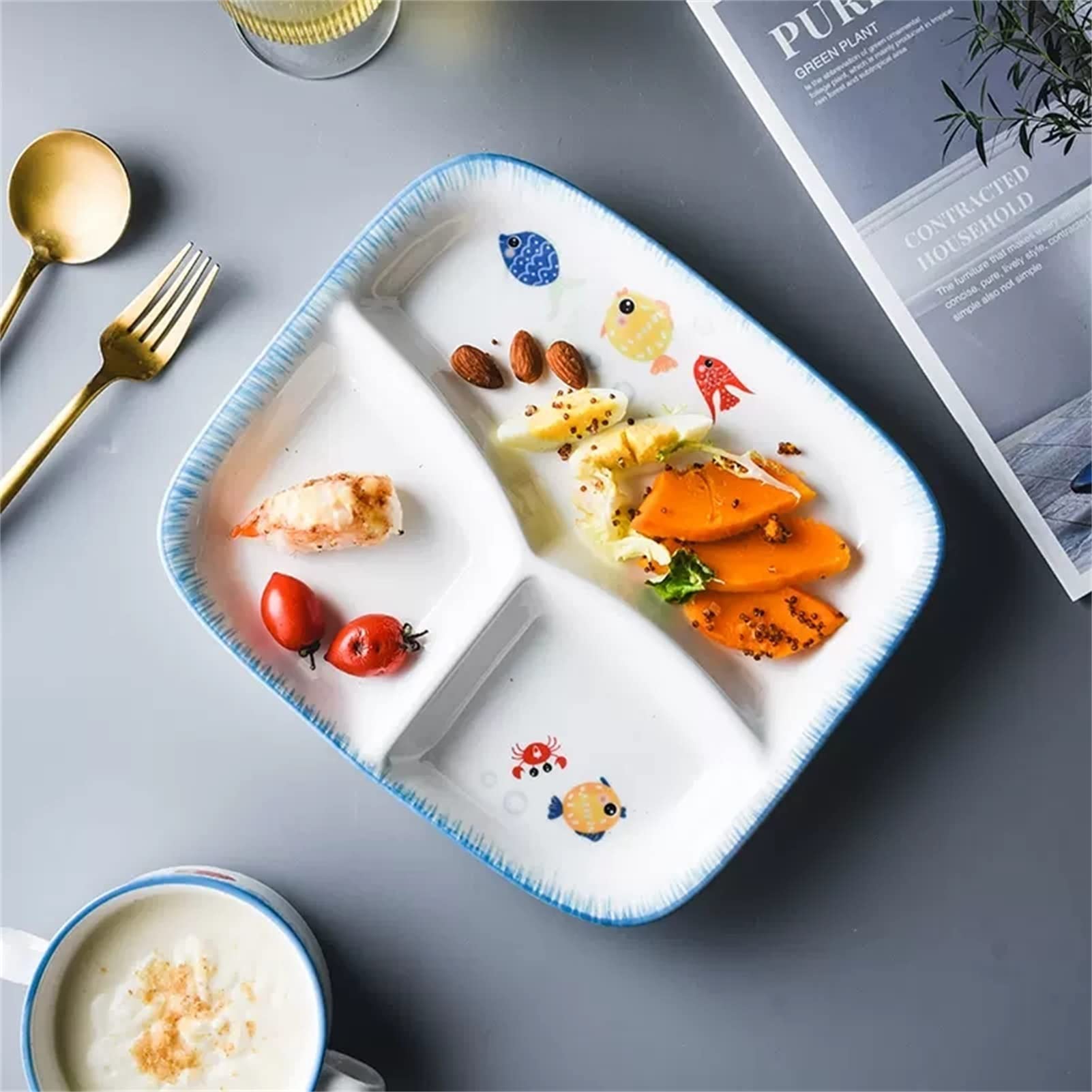 Fodalob Stoviglie per la Gestione del Peso - 3 Pezzi stoviglie di Grandi ceramiche per Adulti, Piatti di Pesce divisi e Set di Ciotole, Micro-Onda e lavastoviglie, Ottimo Regalo per Il Compleanno