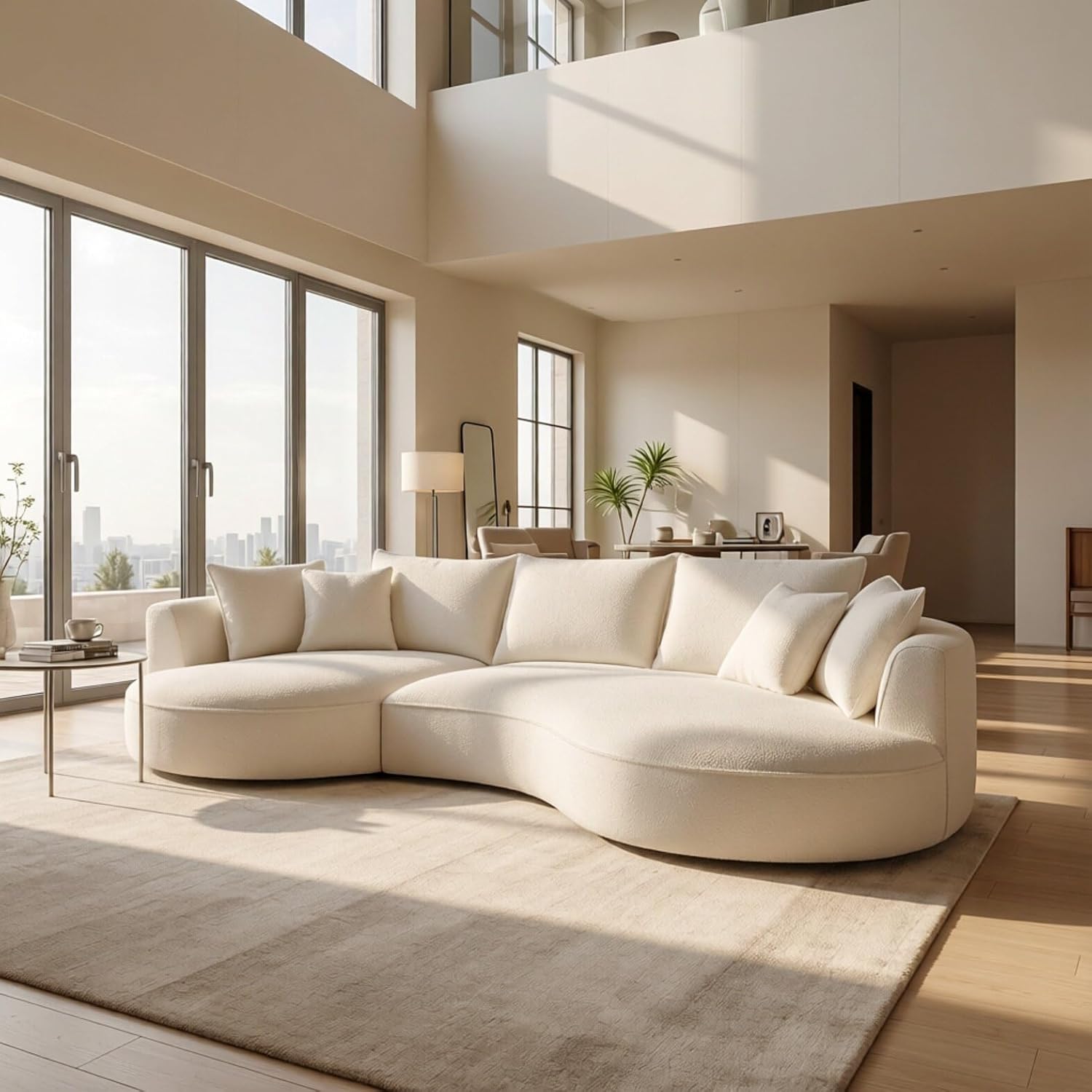 Minimalist Curved Sectional with Left Chaise,Cream White Boucle, L-Shape Couch with Round Coffee Table Included,Living Room Furniture | A set of sofa table