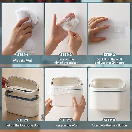 Miniatura 4 de Bokon 2 mini botes de basura con tapa extraíble para montar en la pared, mini cubo de basura con 4 rollos de bolsas de basura gruesas para