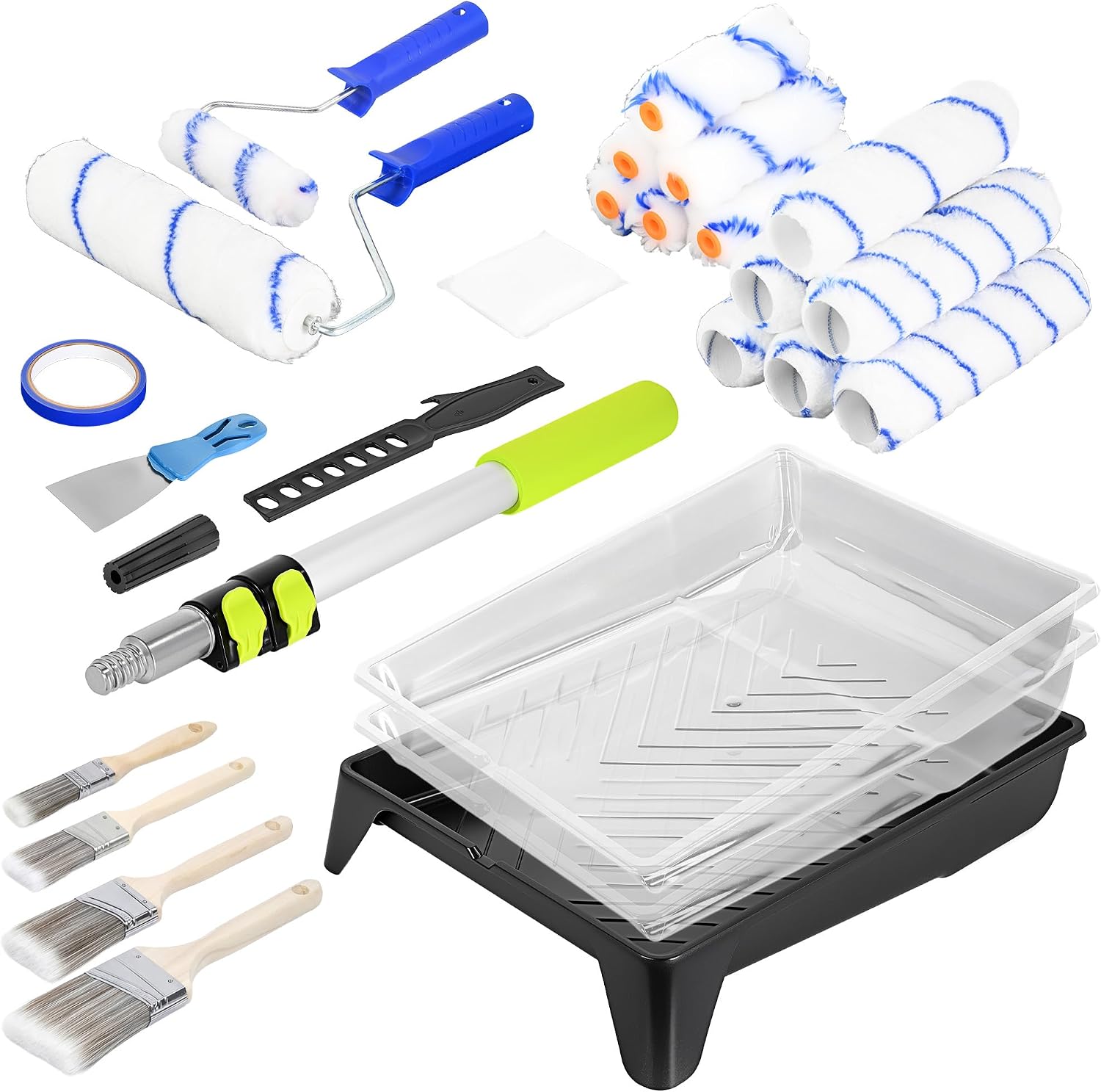 32PCS Paint Roller Kit with Extension Pole, Includes 2 to 4 FT Pole, 4 inch & 9 inch Paint Rollers, Paint Brushes for Walls, Paint Tray & Liners, Professional Painting Supplies for House Painting