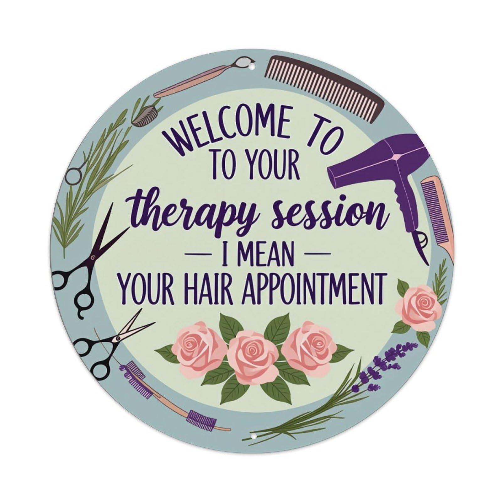 Hair Salon Tools And Flowers Round Tin Sign Vintage Metal Poster, Home Bar Garage Man Cave Cafe Indoor & Outdoor Wall Decoration 8x8Inches
