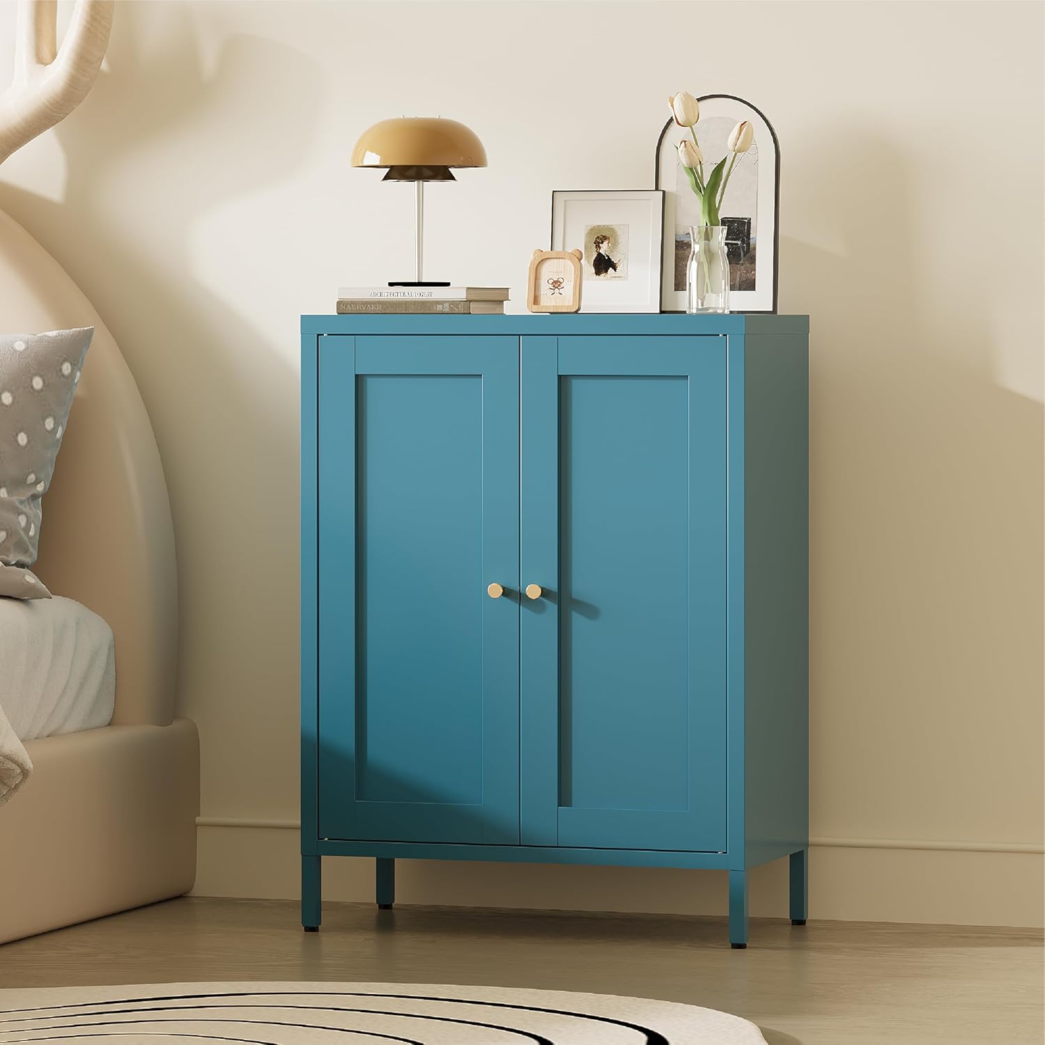 Metal Storage Cabinet with 2 Doors - 31.5''H Bathroom Floor Storage Cabinet, Pantry Cabinet, Bathroom Cabinet for Office, Home, Living Room (Blue)