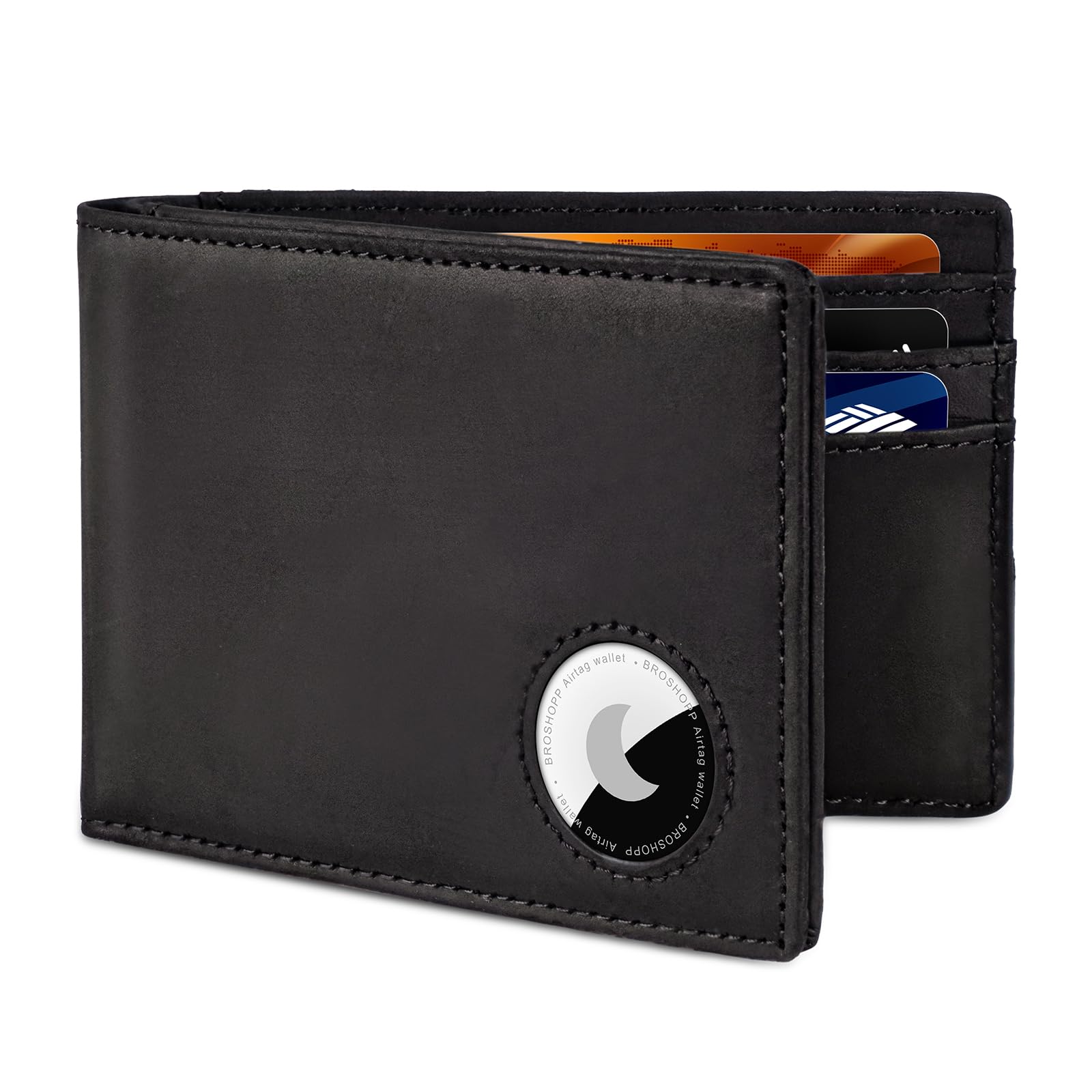 BROSHOPP Airtag Wallet for Men Bifold Full-Grain Leather Wallet for Apple Air Tag Mens Wallet with Airtag Holder