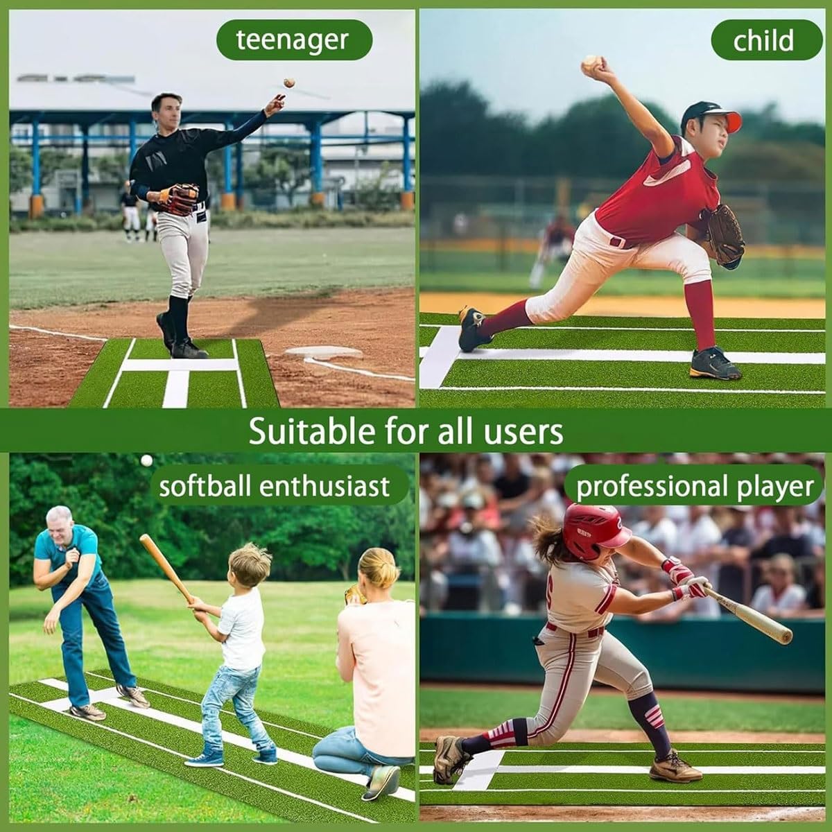 Softball Pitching Mat,5.9' x 3'/10' x 3'Baseball Hitting Mat with Rubber Mound,Batting Mat, Anti-Fade Turf with Antislip Rubber Bottom,for Fastpitch Training & Pitching Practice(Green,91*180CM)