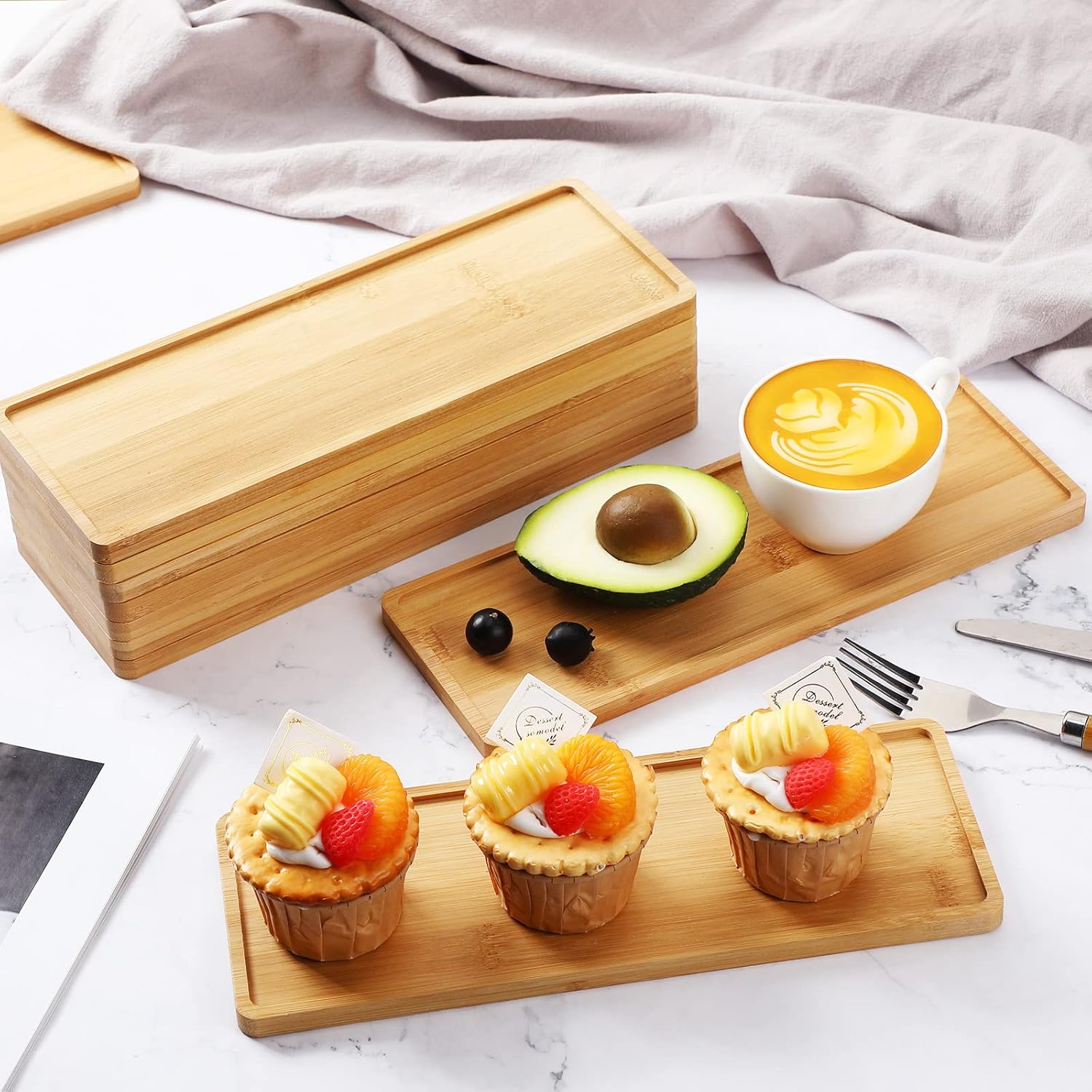 Bokon 10 Pcs Rectangle Wood Bamboo Tray Bamboo Serving Tray Wooden Serving Platter for Bathroom Counter Platter for Food Dinner Kitchen(Rounded Edges) - Image 7