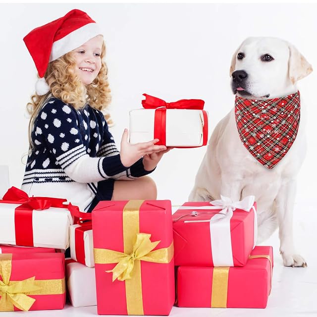 Foto 5 de 6 de QKURT 2 pañuelos navideños para Perros a Cuadros, clásico navideño a Cuadros con Copos de Nieve para Mascotas