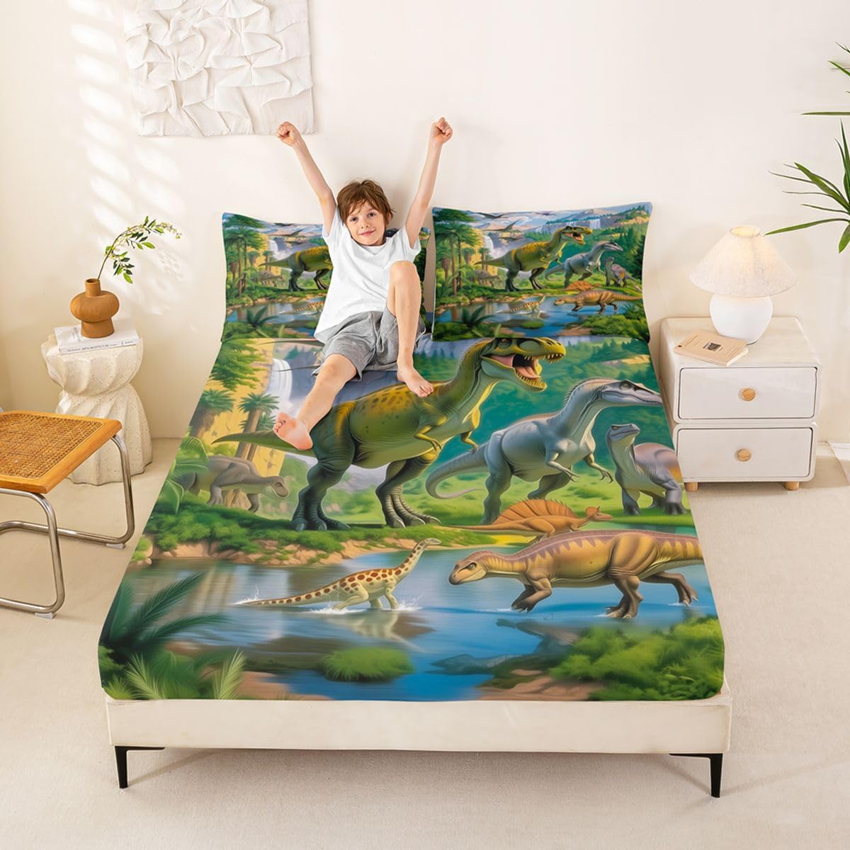 Castle Fairy Cartoon Dinosaur Fitted Sheet Twin Size Colorful Star Planet Bedding Set for Kids Bedroom Starry Galaxy Universe Bed Sheet Set 2pcs Kawaii Animal Deep Pocket Mattress Cover,No Top Flat