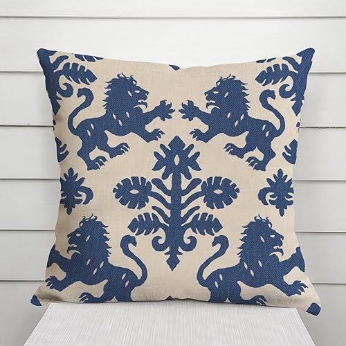 Miniatura 3 de Funda de almohada europea de león regalia azul marino y beige con estampado de animales chinoiserie, funda de cojín asiática de 18 x 18 pulgadas,
