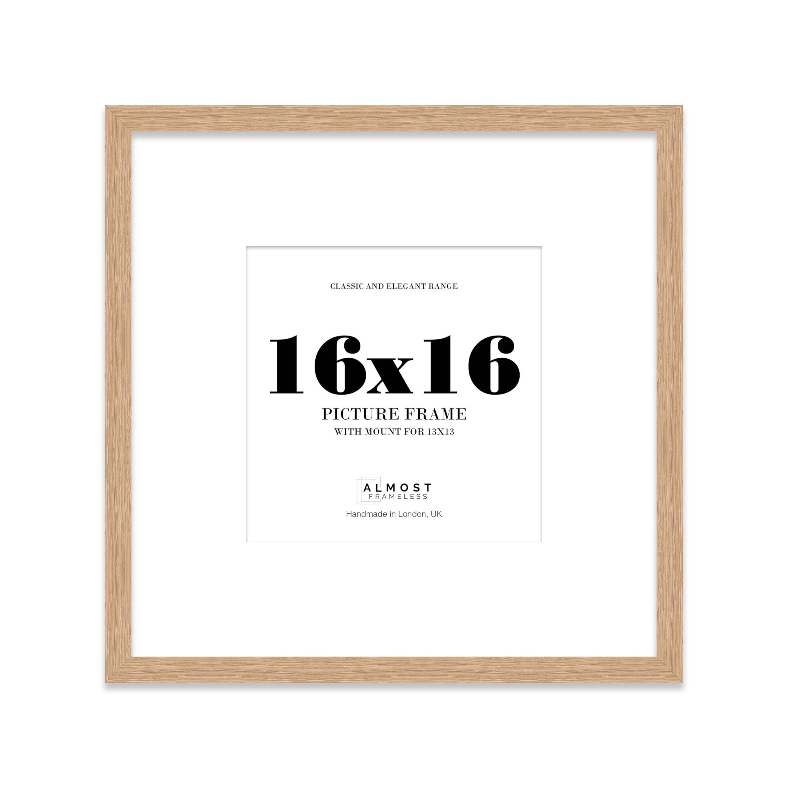 Almost Frameless 16x16 Square Picture Frame, Display Pictures 13x13 With Mat or 16x16 Without Mat, Wall Hanging & Free Standing Photo Frame, Oak, 1 Pack