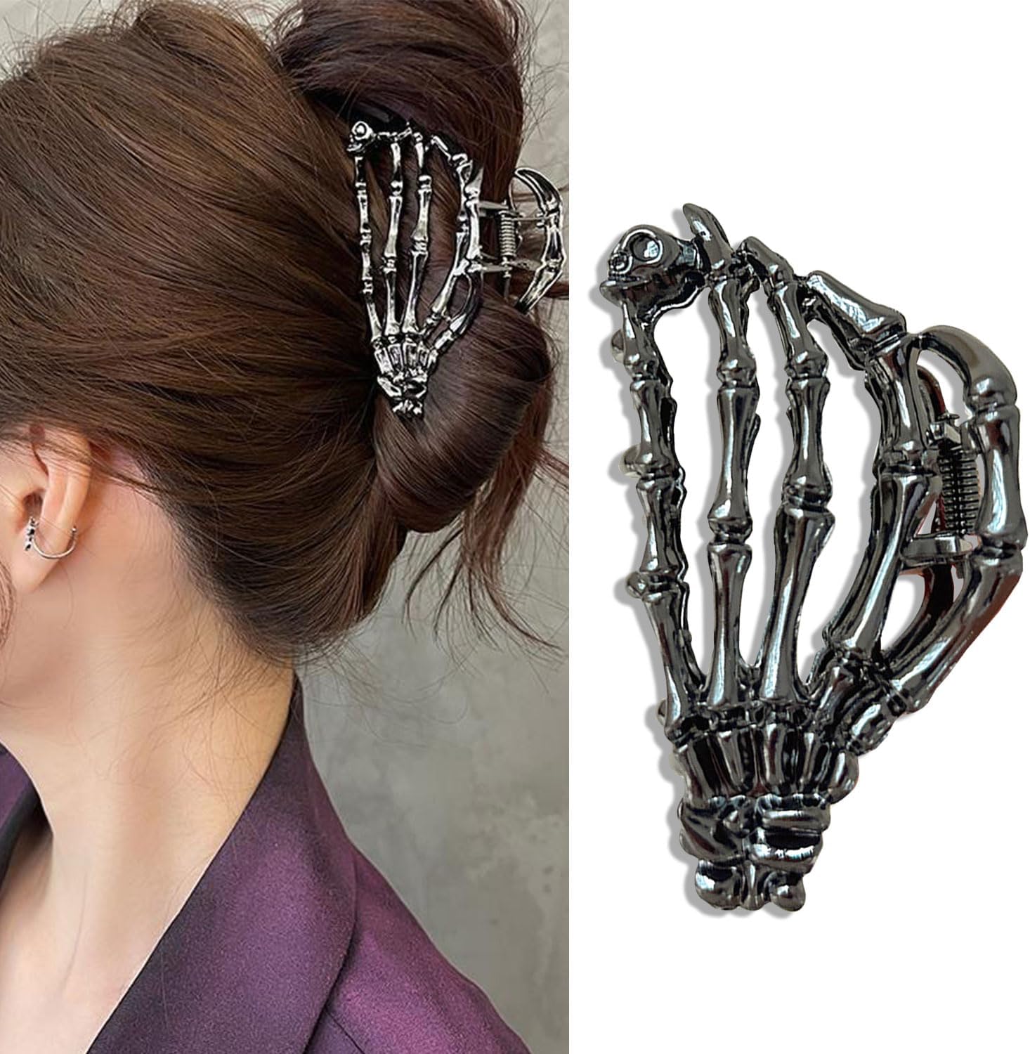 Metal Skull Hand Hair Clip, 1Pcs Gunmetal Hair Claw Clip for Thin Hair Punk & Y2K-Style