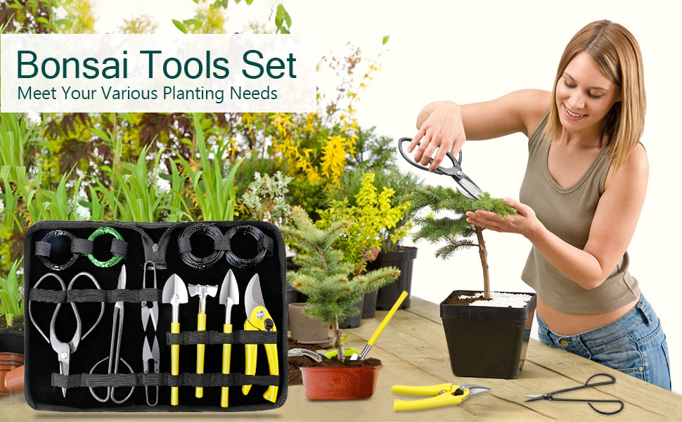 MOSFiATA Bonsai-set, 13-delig, bonsai-gereedschap met bonsaischaar, binddraad voor bonsai, mini-hark en schep, tuinsnoeischaar
