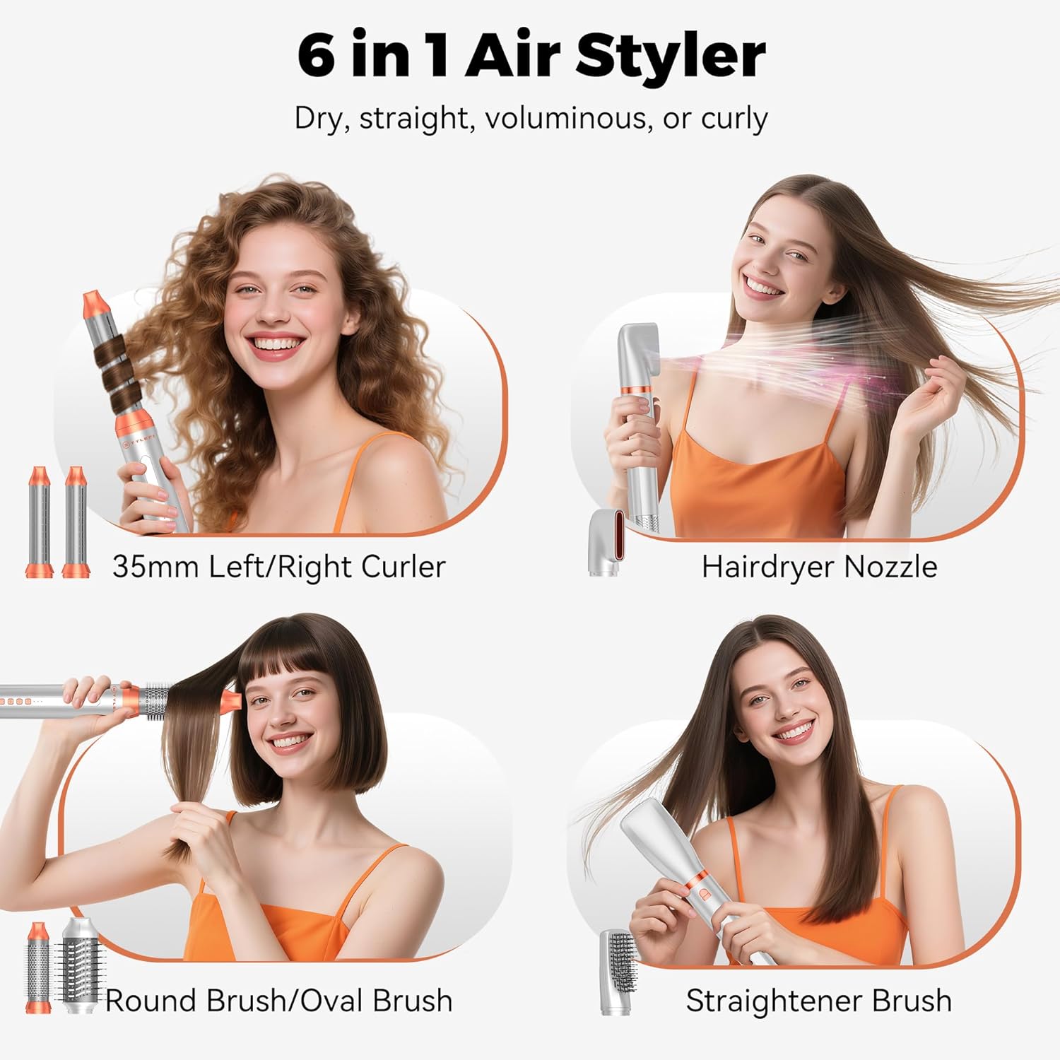 6 in 1 Blow Dryer Brush,110-120V Hair Dryer Brush,110,000 RPM High-Speed,Negative Ion & 4 Adjustable Temp Hot-Air Hair Brush,Detachable Hot Air Styler Set for Women