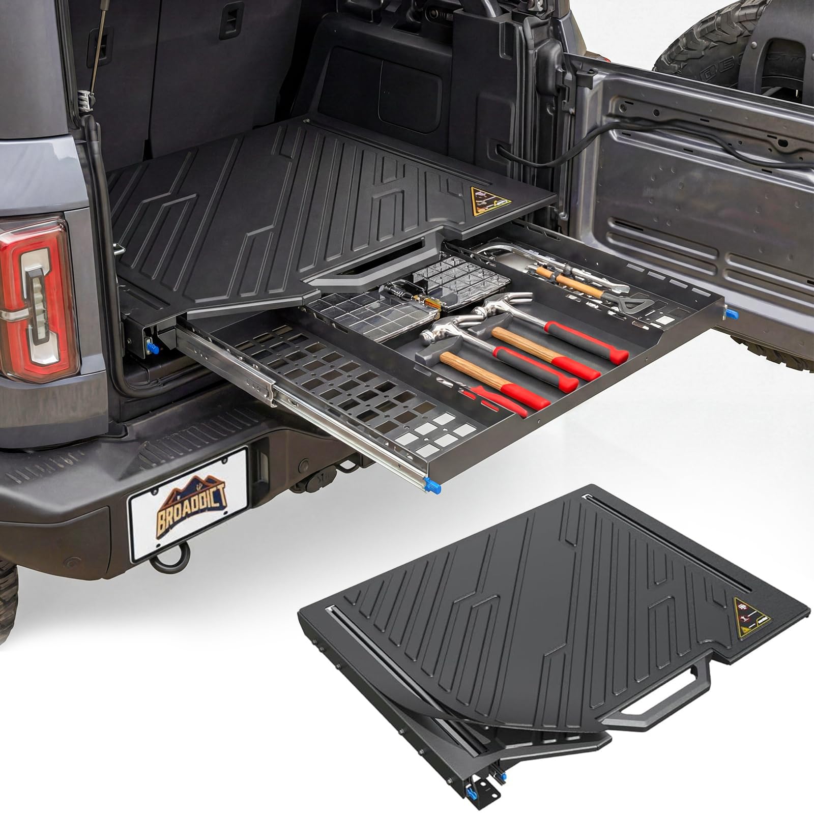 Photo 1 of Slide Out Tailgate Fit for Ford Bronco 2021-2025 4-Door Double Extend Trunk Table Pull Out Cargo Shelf Bronco Accessories Cargo Organization