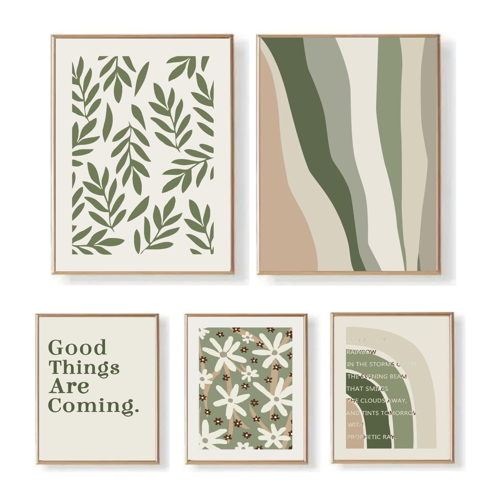 Sysoom Sage Green Wall Art Prints - Botanical Aesthetic Posters for Dorm, Bedroom & Preppy Room Decor, 8x10/12x16 Inch Unframed Set of 5